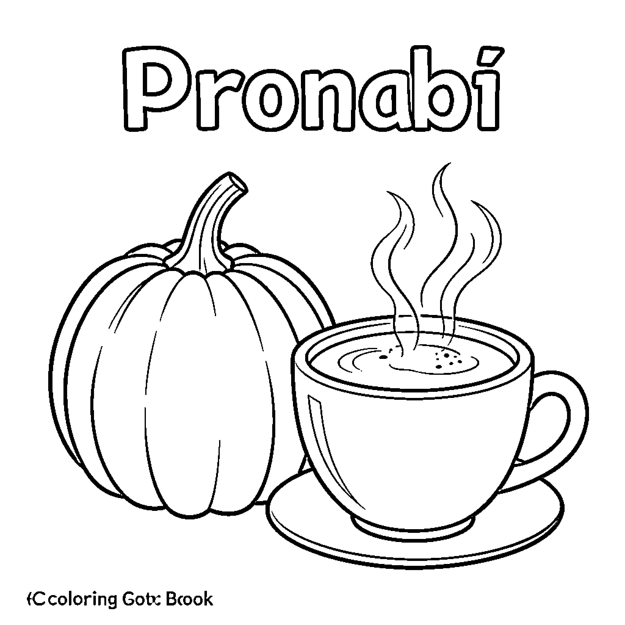 Citrouille sitting next to a steaming cup of coffee Coloring Page (free black-and-white line drawing printable PDF for all, from beginners to advanced learners, including children, teens, adults, and seniors)