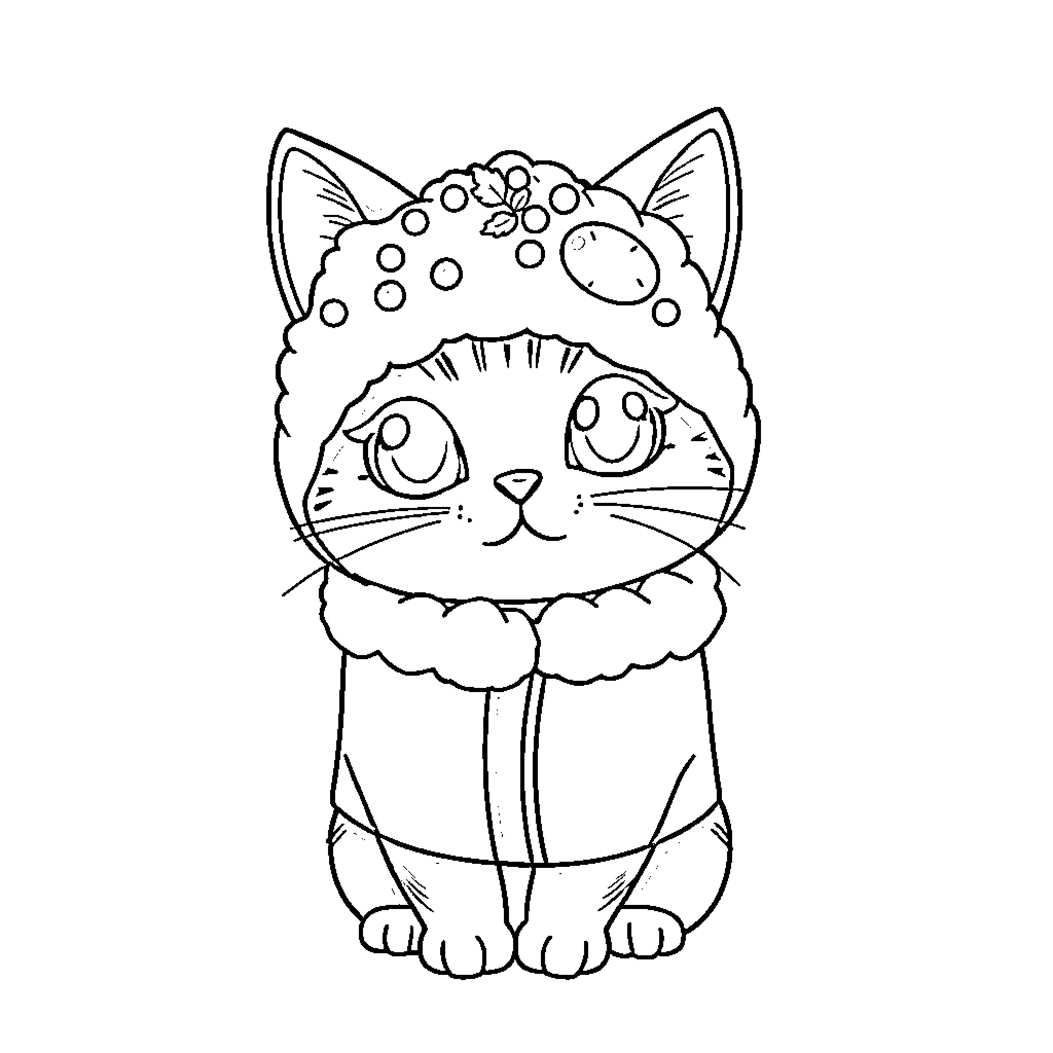 Sushi Cat in Cozy Outfit Coloring Page (free black-and-white line drawing printable PDF for all, from beginners to advanced learners, including children, teens, adults, and seniors)