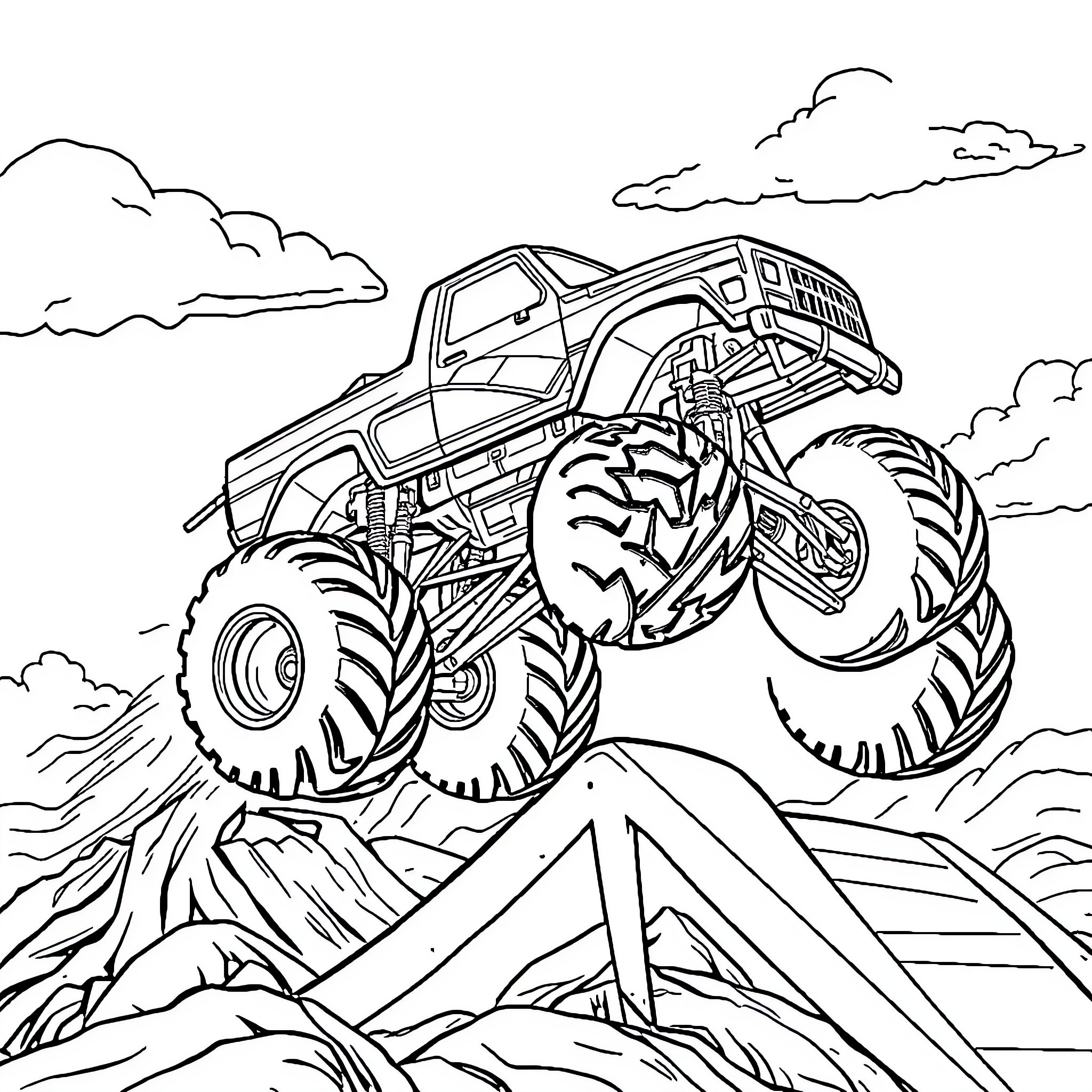 Monster Truck Soaring Over Rugged Terrain Coloring Page (free black-and-white line drawing printable PDF for all, from beginners to advanced learners, including children, teens, adults, and seniors)