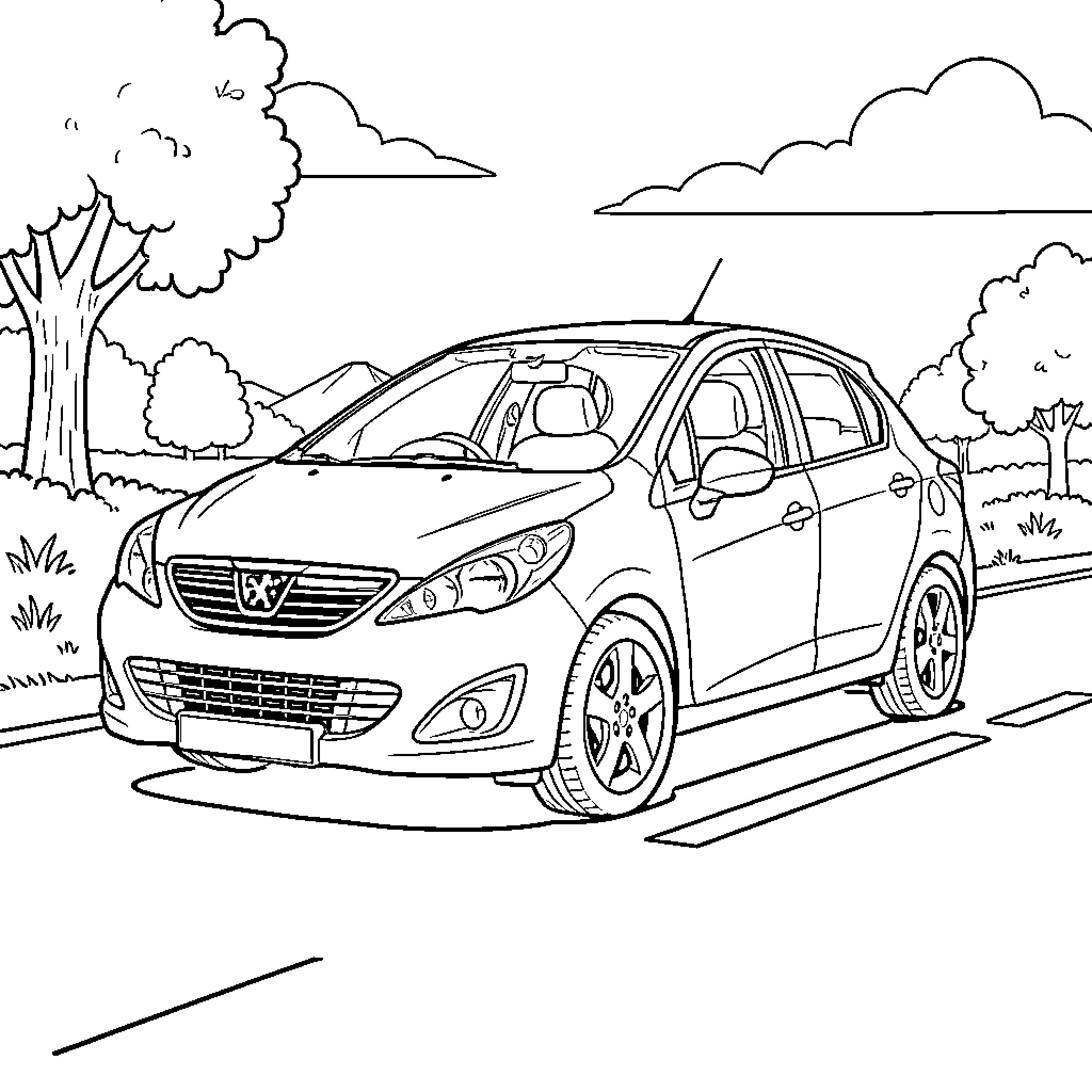 Peugeot car driving along a scenic road Coloring Page (free black-and-white line drawing printable PDF for all, from beginners to advanced learners, including children, teens, adults, and seniors)
