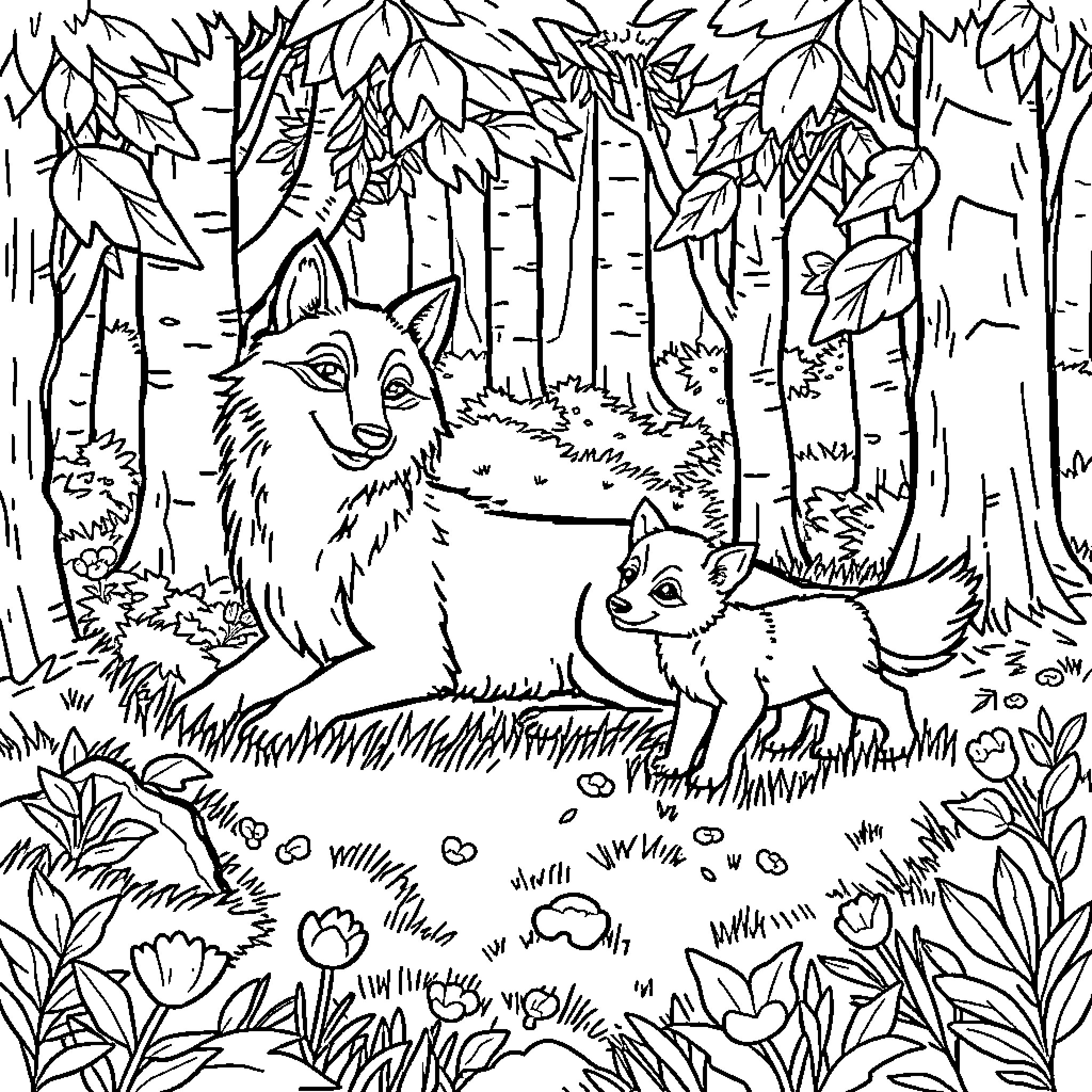 Wolf family exploring the forest Coloring Page (free black-and-white line drawing printable PDF for all, from beginners to advanced learners, including children, teens, adults, and seniors)