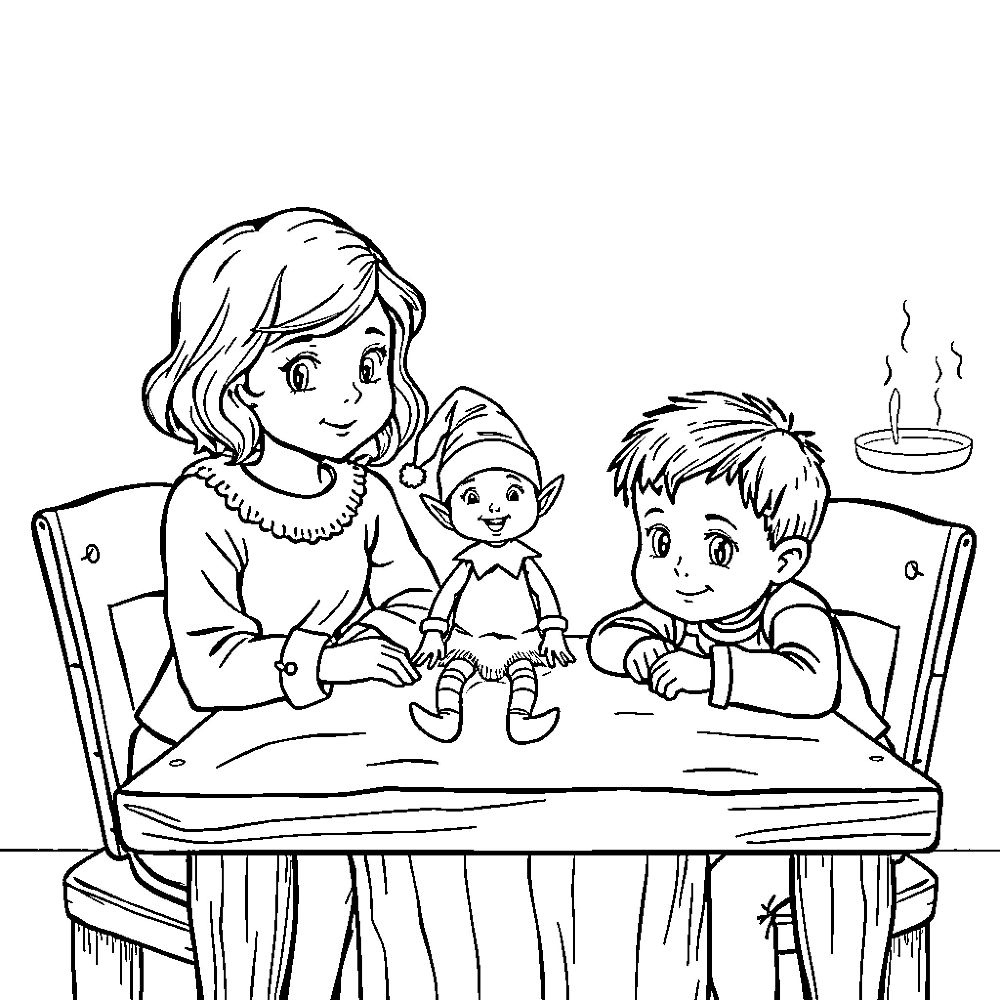 Child having snack with friends at table Coloring Page (free black-and-white line drawing printable PDF for all, from beginners to advanced learners, including children, teens, adults, and seniors)