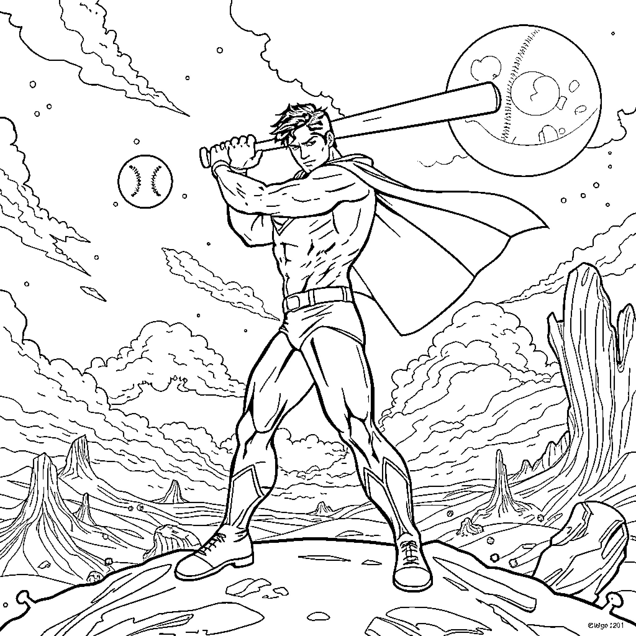 Superman hitting a baseball in the desert Coloring Page (free black-and-white line drawing printable PDF for all, from beginners to advanced learners, including children, teens, adults, and seniors)