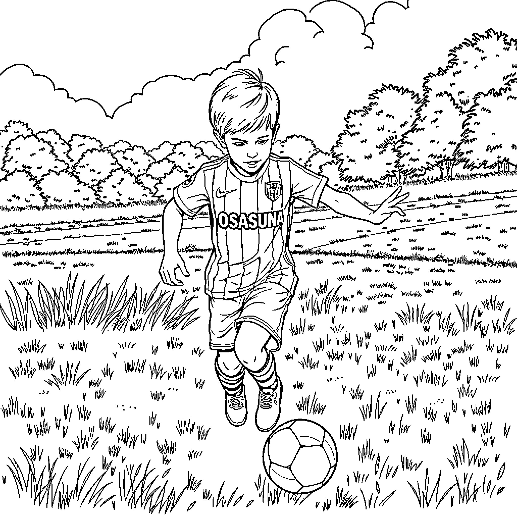 Soccer player enjoys field match in nature Coloring Page (free black-and-white line drawing printable PDF for all, from beginners to advanced learners, including children, teens, adults, and seniors)