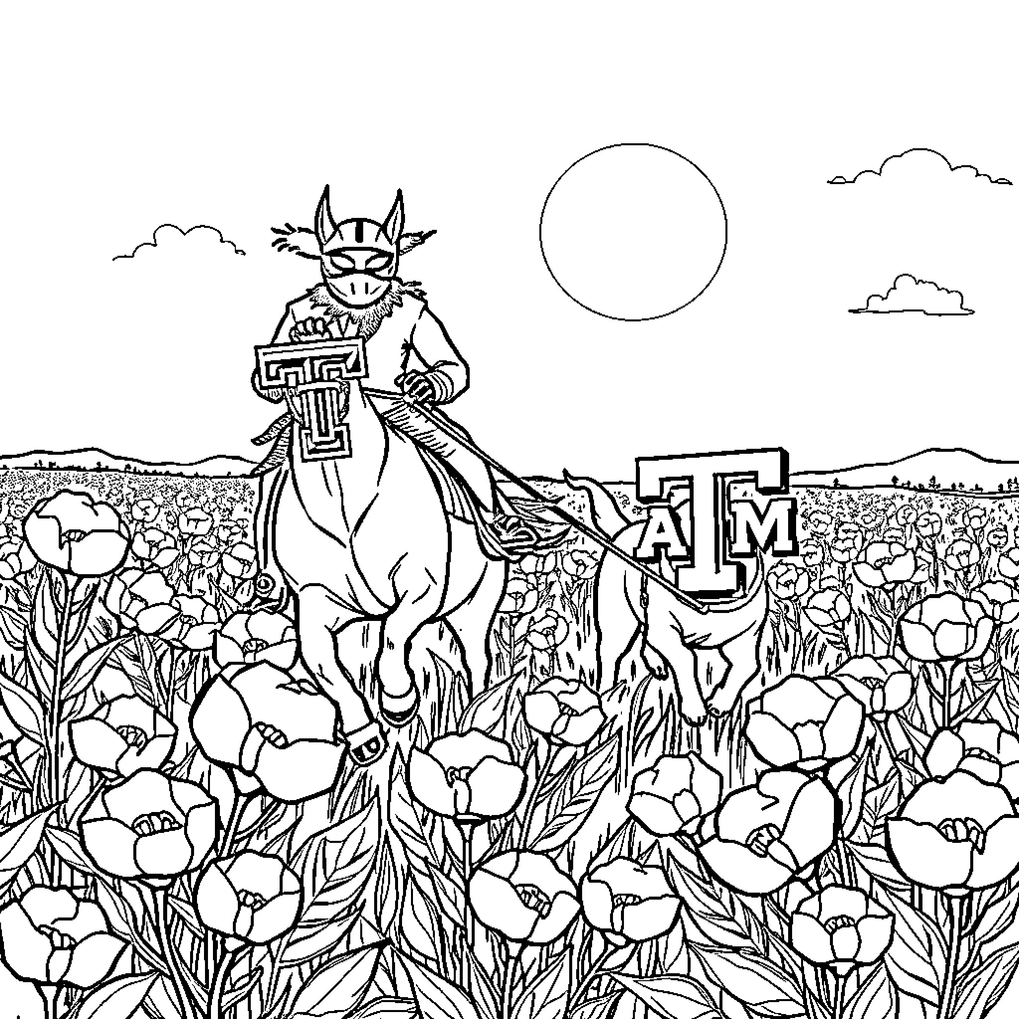 Masked Rider Gallops Through Floral Landscape Coloring Page (free black-and-white line drawing printable PDF for all, from beginners to advanced learners, including children, teens, adults, and seniors)