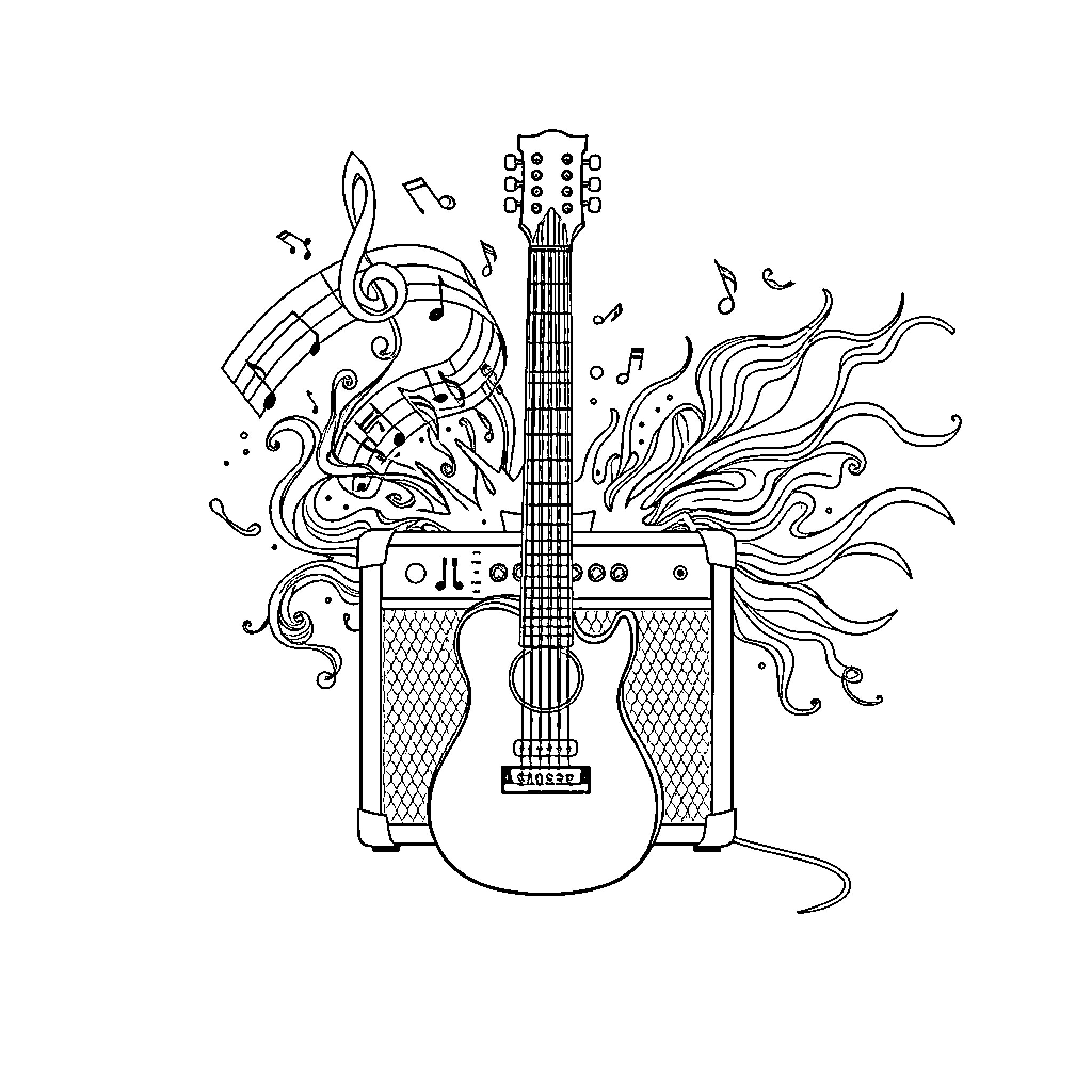 Guitar Amp with Energetic Musical Motifs Coloring Page (free black-and-white line drawing printable PDF for all, from beginners to advanced learners, including children, teens, adults, and seniors)