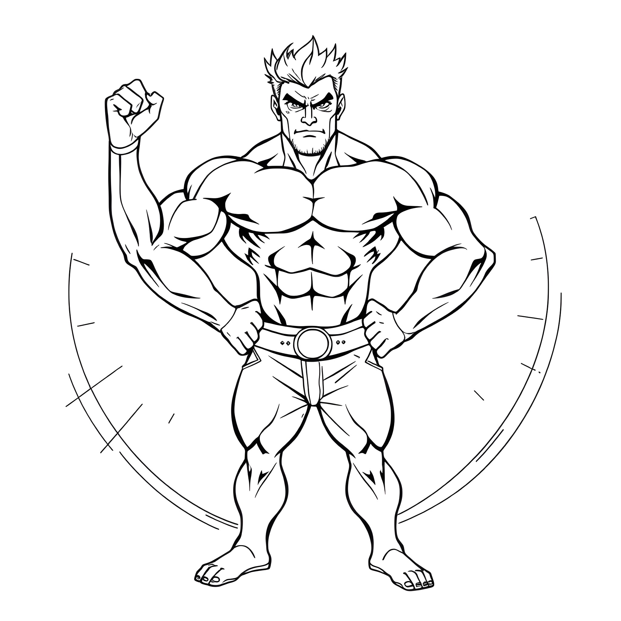 Man flexing his muscles in heroic pose Coloring Page (free black-and-white line drawing printable PDF for all, from beginners to advanced learners, including children, teens, adults, and seniors)