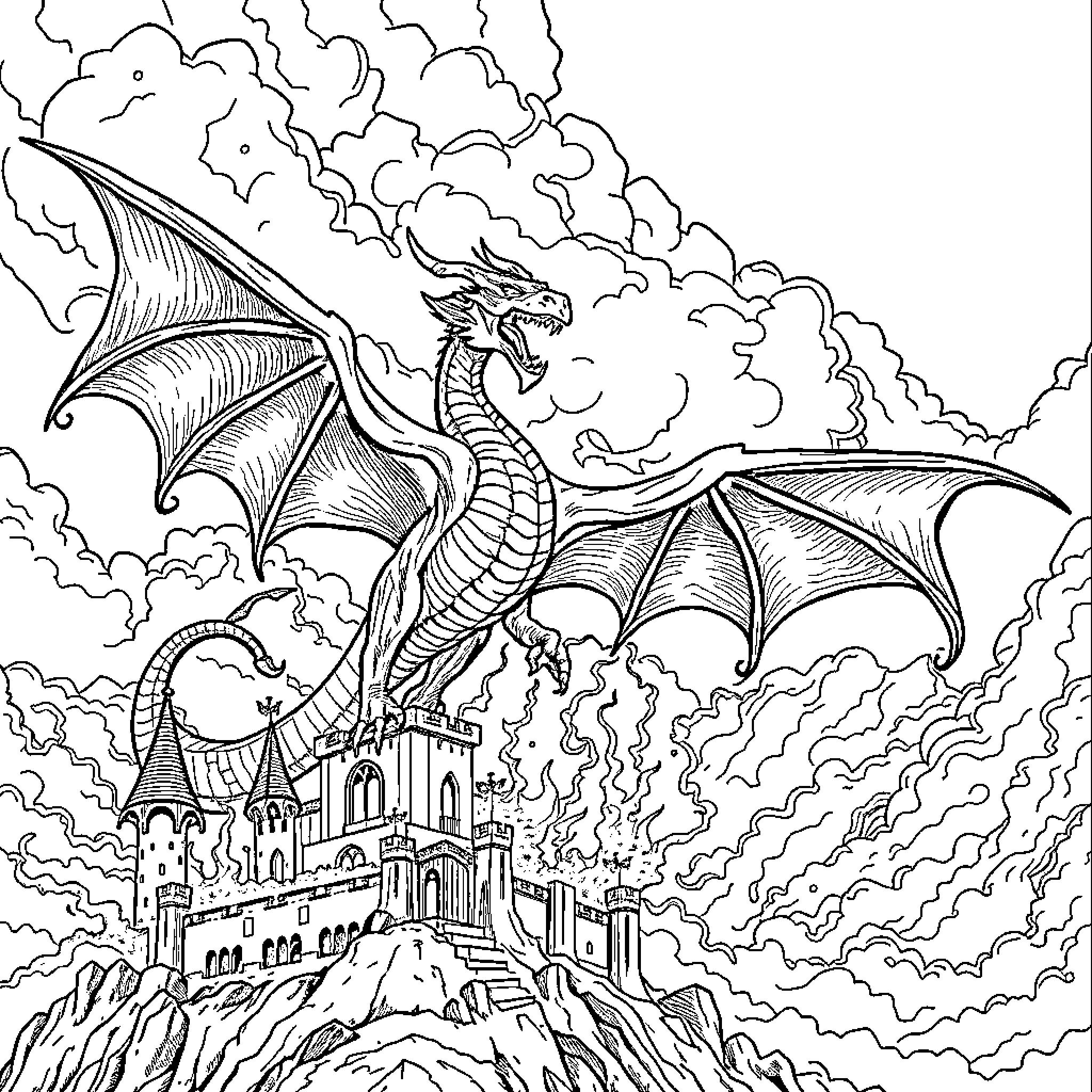 Dragon unleashing fiery breath over a medieval castle Coloring Page (free black-and-white line drawing printable PDF for all, from beginners to advanced learners, including children, teens, adults, and seniors)