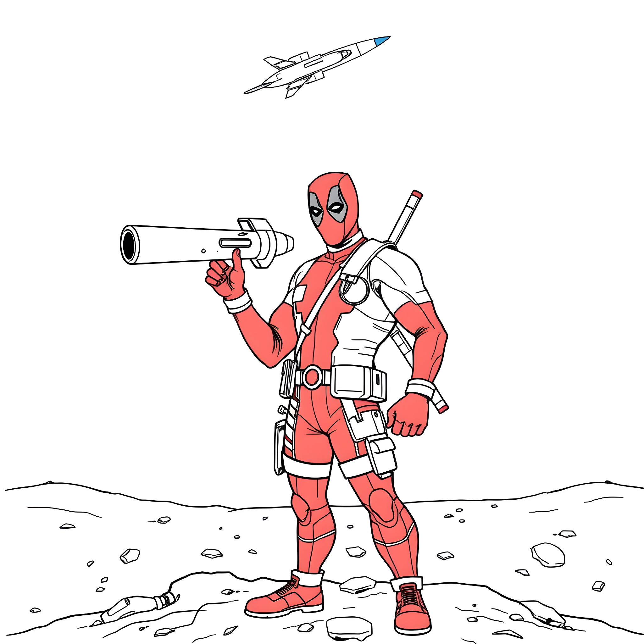 Deadpool in action with rocket launcher Coloring Page (free black-and-white line drawing printable PDF for all, from beginners to advanced learners, including children, teens, adults, and seniors)