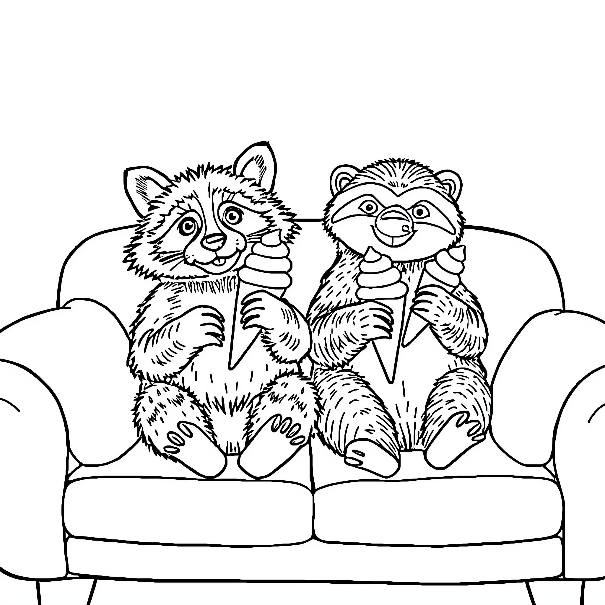 Raccoon friends relaxing together on the couch Coloring Page (free black-and-white line drawing printable PDF for all, from beginners to advanced learners, including children, teens, adults, and seniors)