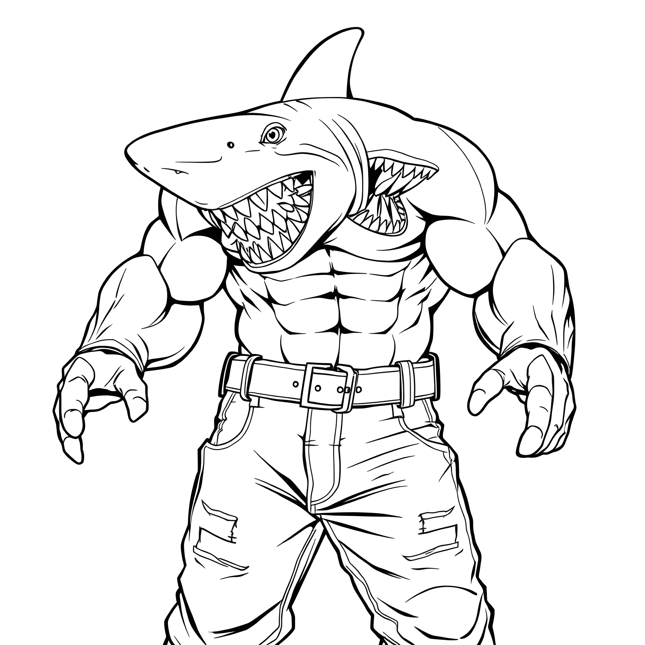 Shark-headed muscular superhero in action pose Coloring Page (free black-and-white line drawing printable PDF for all, from beginners to advanced learners, including children, teens, adults, and seniors)