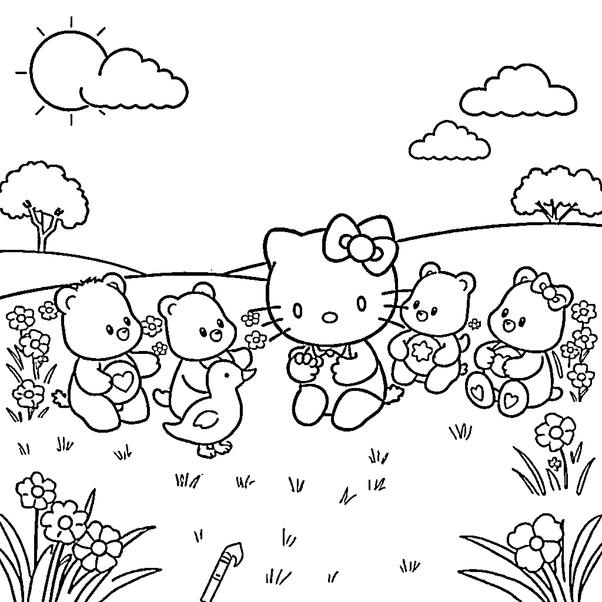 Hello Kitty playing with friends in the flowery meadow Coloring Page (free black-and-white line drawing printable PDF for all, from beginners to advanced learners, including children, teens, adults, and seniors)