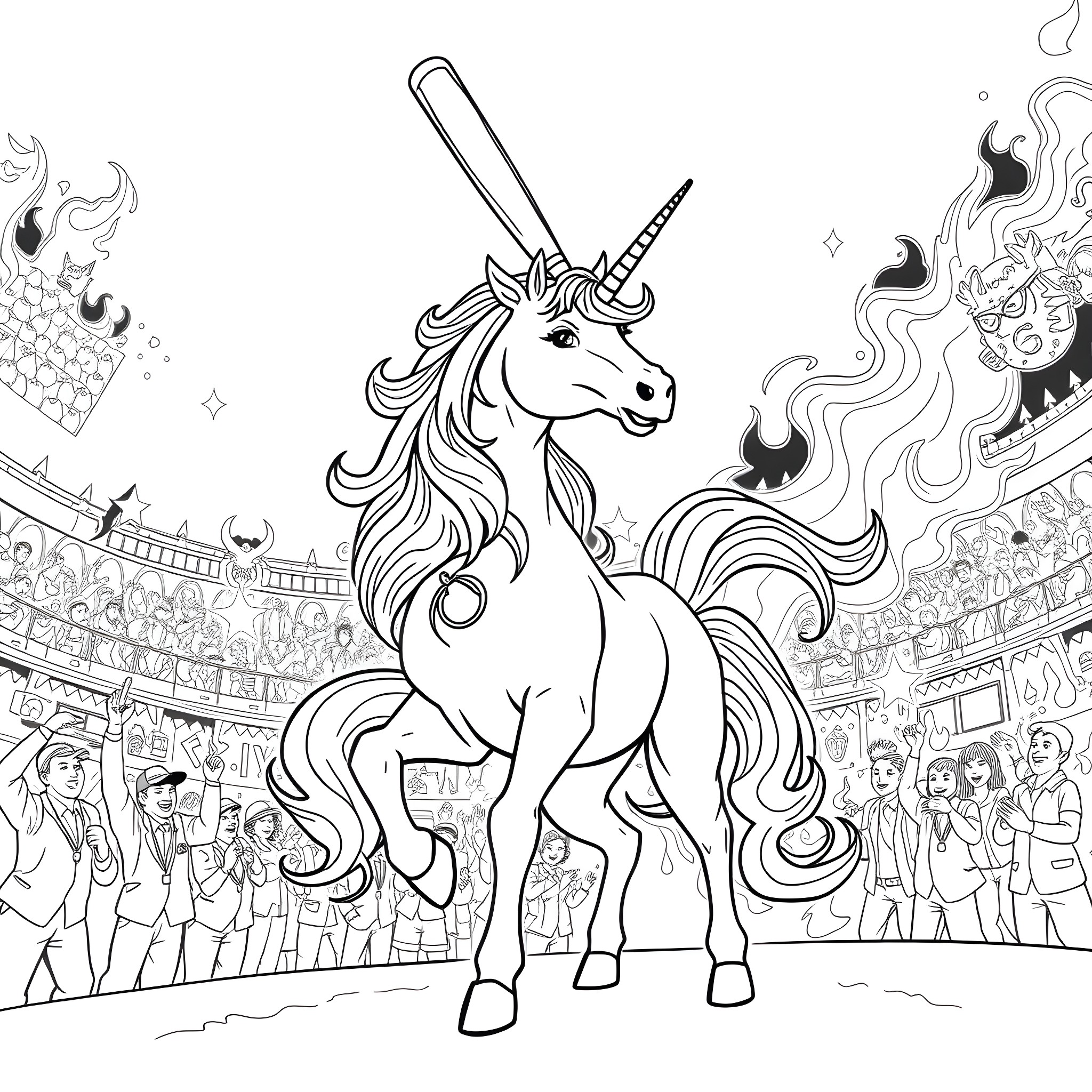 Unicorn performing in a magical circus arena Coloring Page (free black-and-white line drawing printable PDF for all, from beginners to advanced learners, including children, teens, adults, and seniors)