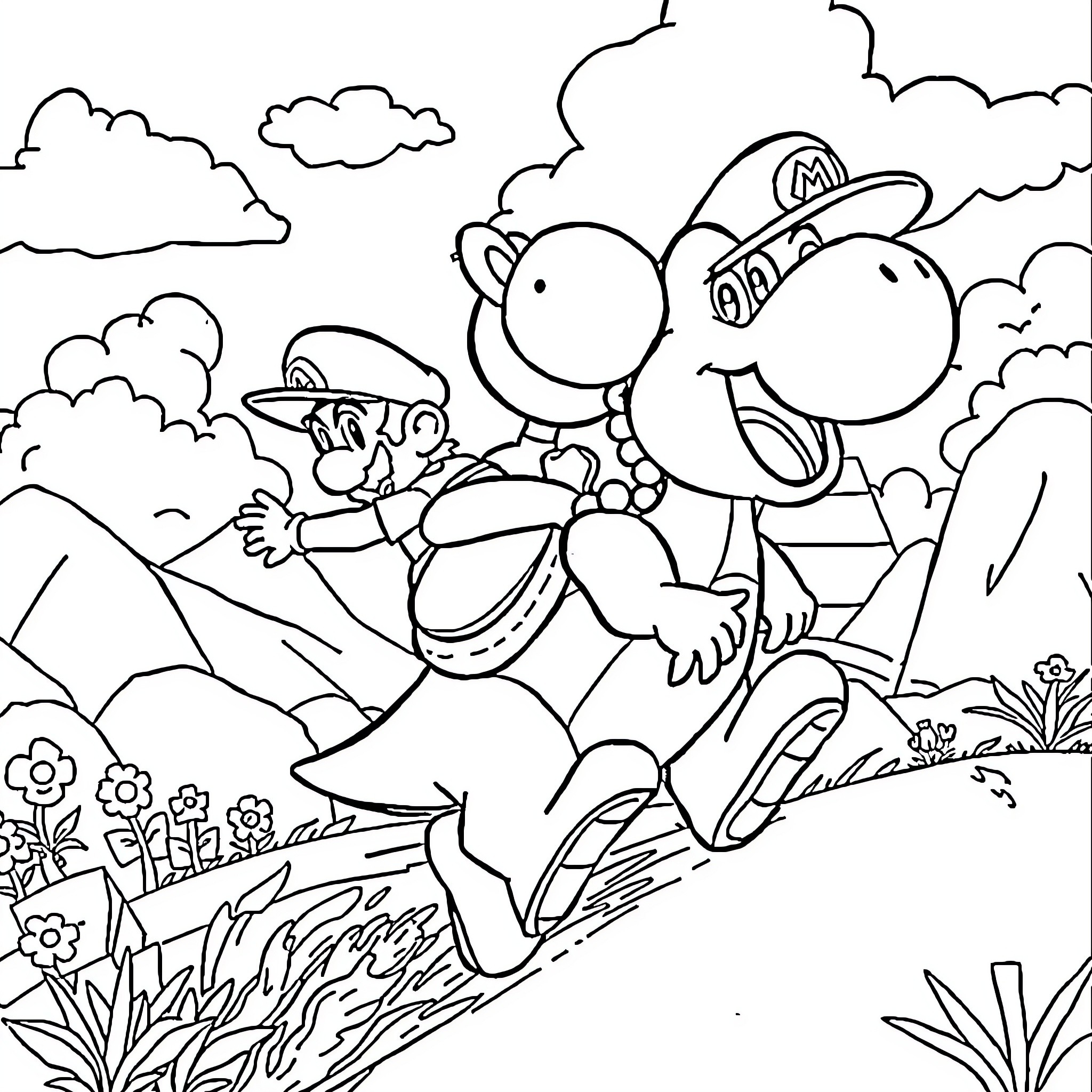 Yoshi's Adventurous Expedition Coloring Page (free black-and-white line drawing printable PDF for all, from beginners to advanced learners, including children, teens, adults, and seniors)