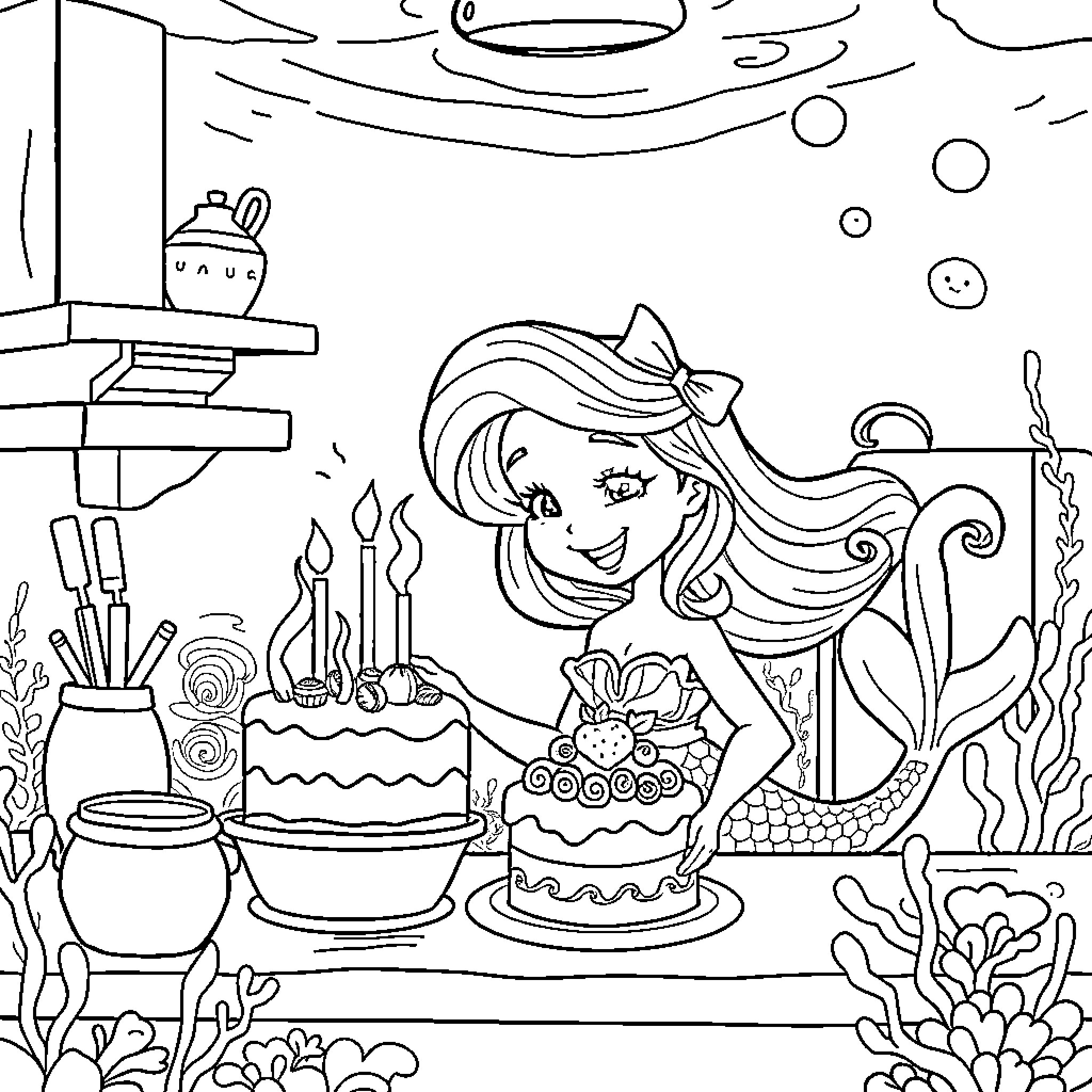Mermaid Celebrates with Cake and Candles Coloring Page (free black-and-white line drawing printable PDF for all, from beginners to advanced learners, including children, teens, adults, and seniors)