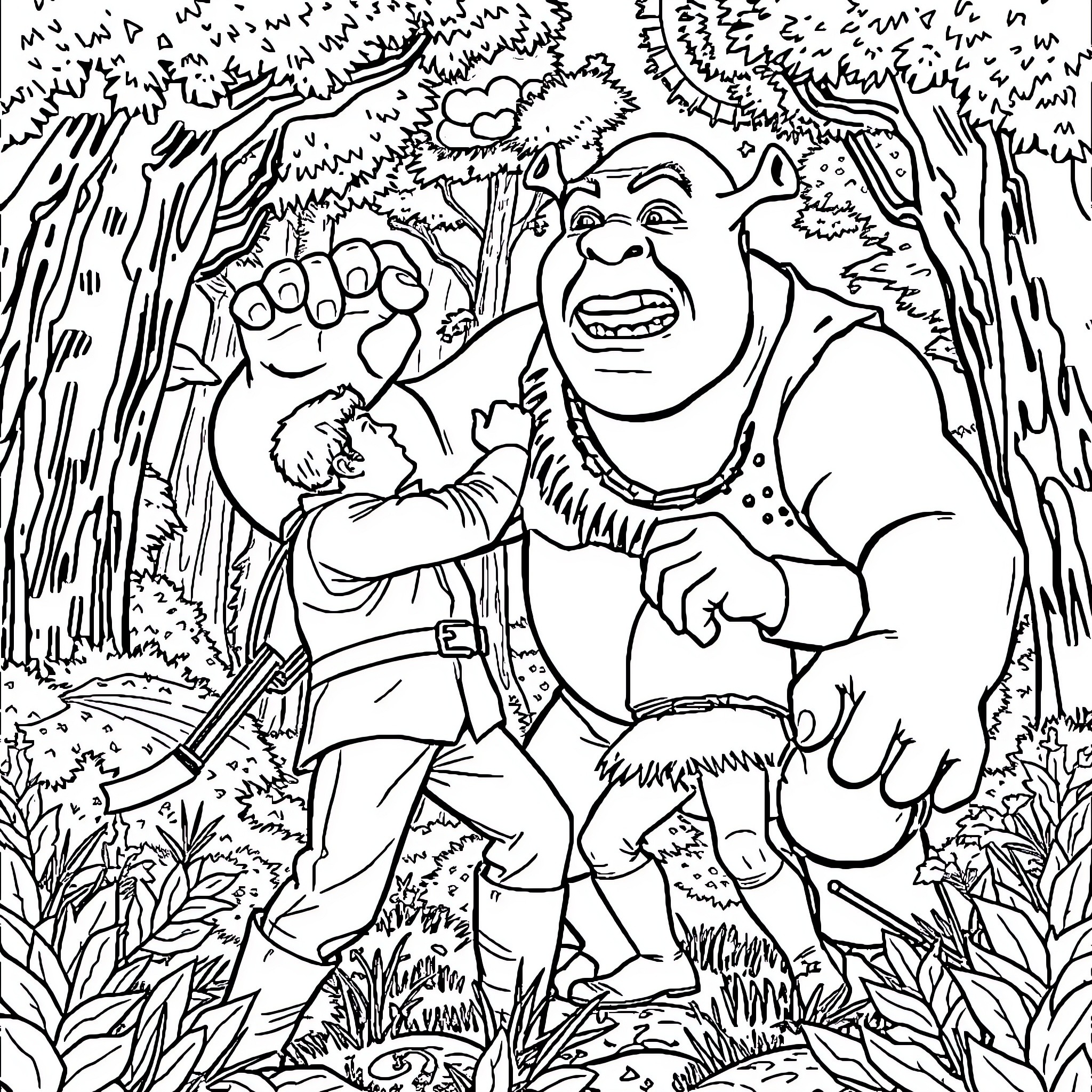 Rick Grimes Encounters a Formidable Foe in the Wilderness Coloring Page (free black-and-white line drawing printable PDF for all, from beginners to advanced learners, including children, teens, adults, and seniors)