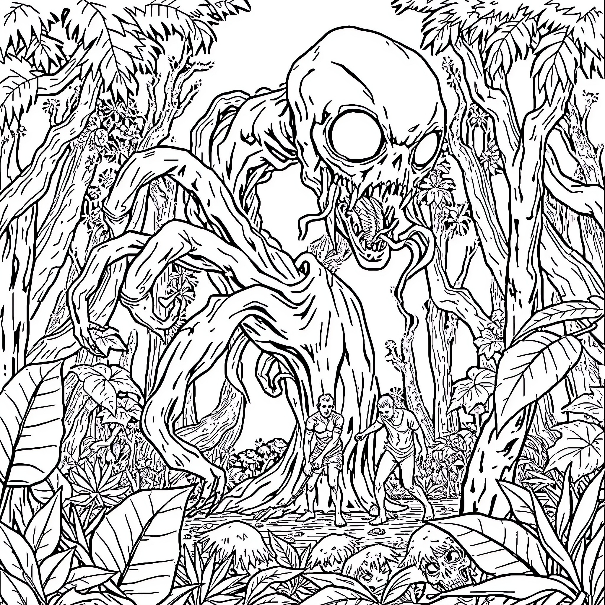 Zombie Plant Creature Emerging from Jungle Foliage Coloring Page (free black-and-white line drawing printable PDF for all, from beginners to advanced learners, including children, teens, adults, and seniors)