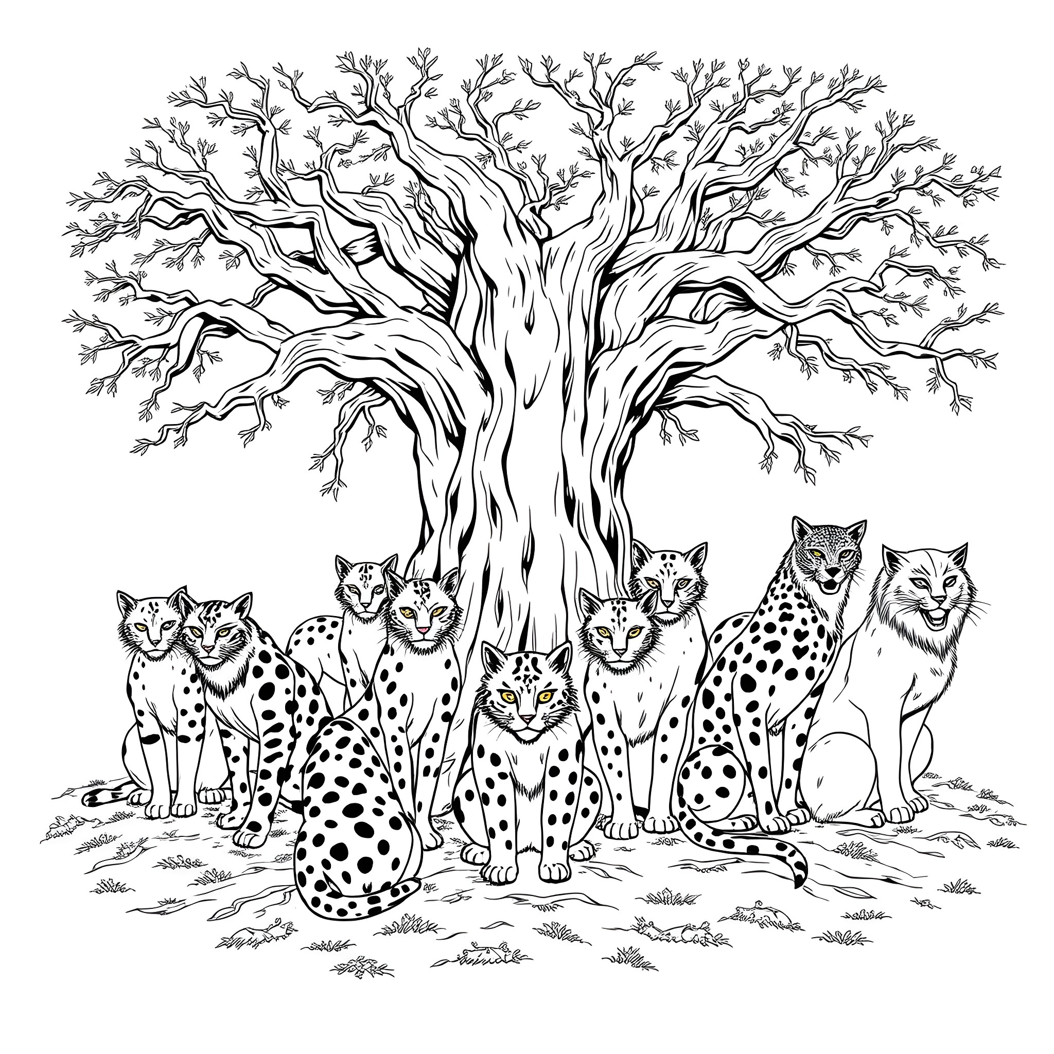 Warrior Cat Clan Gathering under the Ancient Tree Coloring Page (free black-and-white line drawing printable PDF for all, from beginners to advanced learners, including children, teens, adults, and seniors)