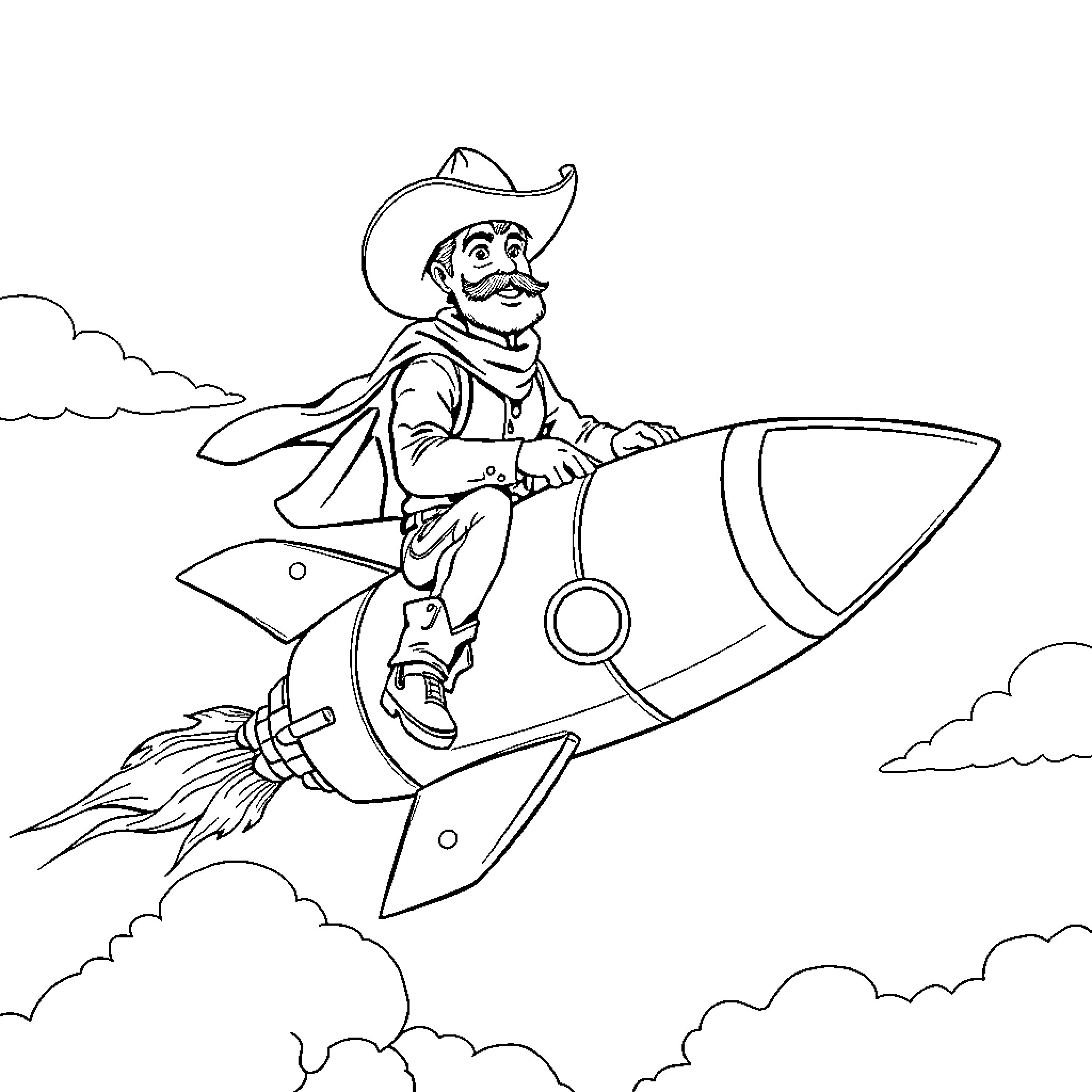 Cowboy riding a rocket through the clouds Coloring Page (free black-and-white line drawing printable PDF for all, from beginners to advanced learners, including children, teens, adults, and seniors)