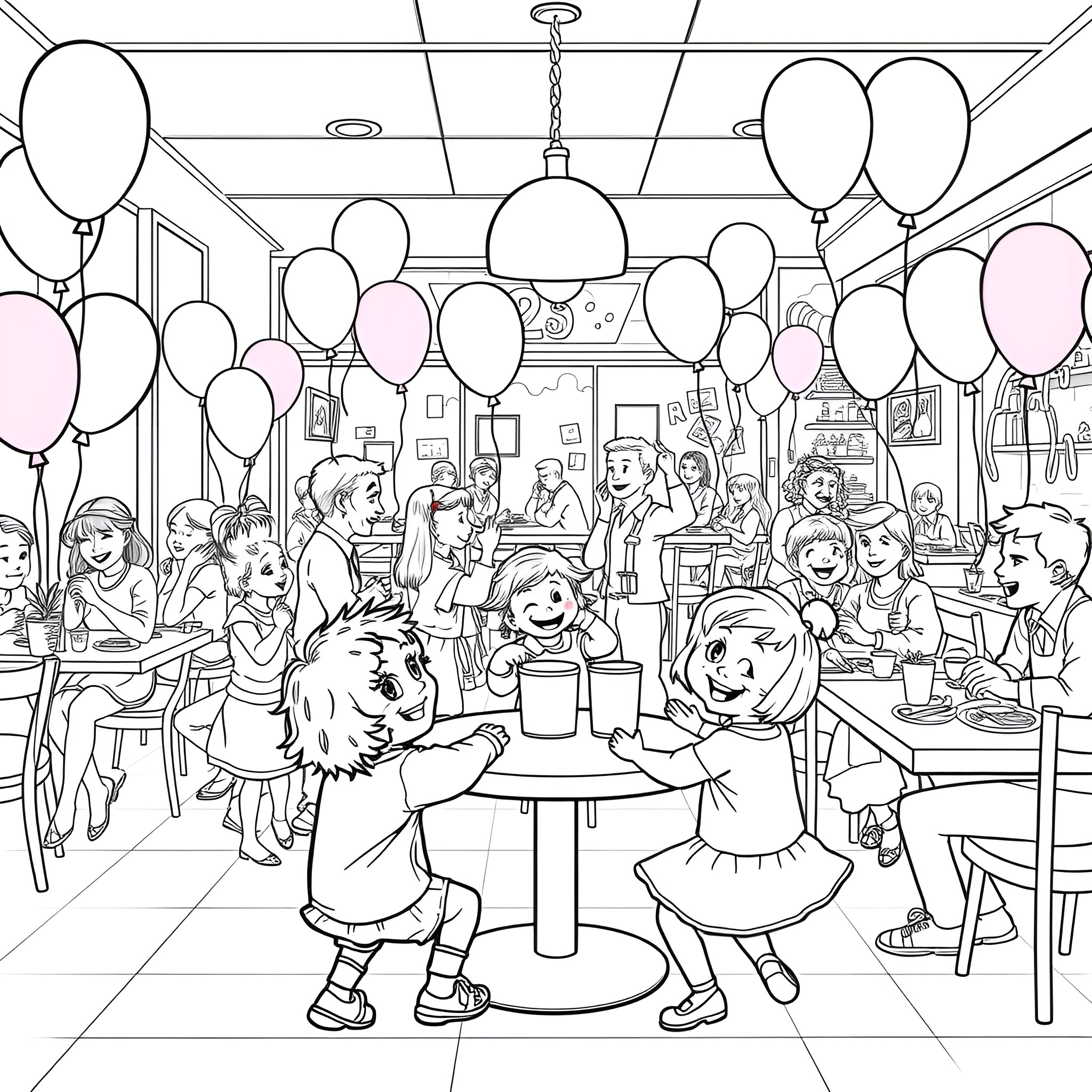 Kid's birthday party with fun decorations and friends Coloring Page (free black-and-white line drawing printable PDF for all, from beginners to advanced learners, including children, teens, adults, and seniors)