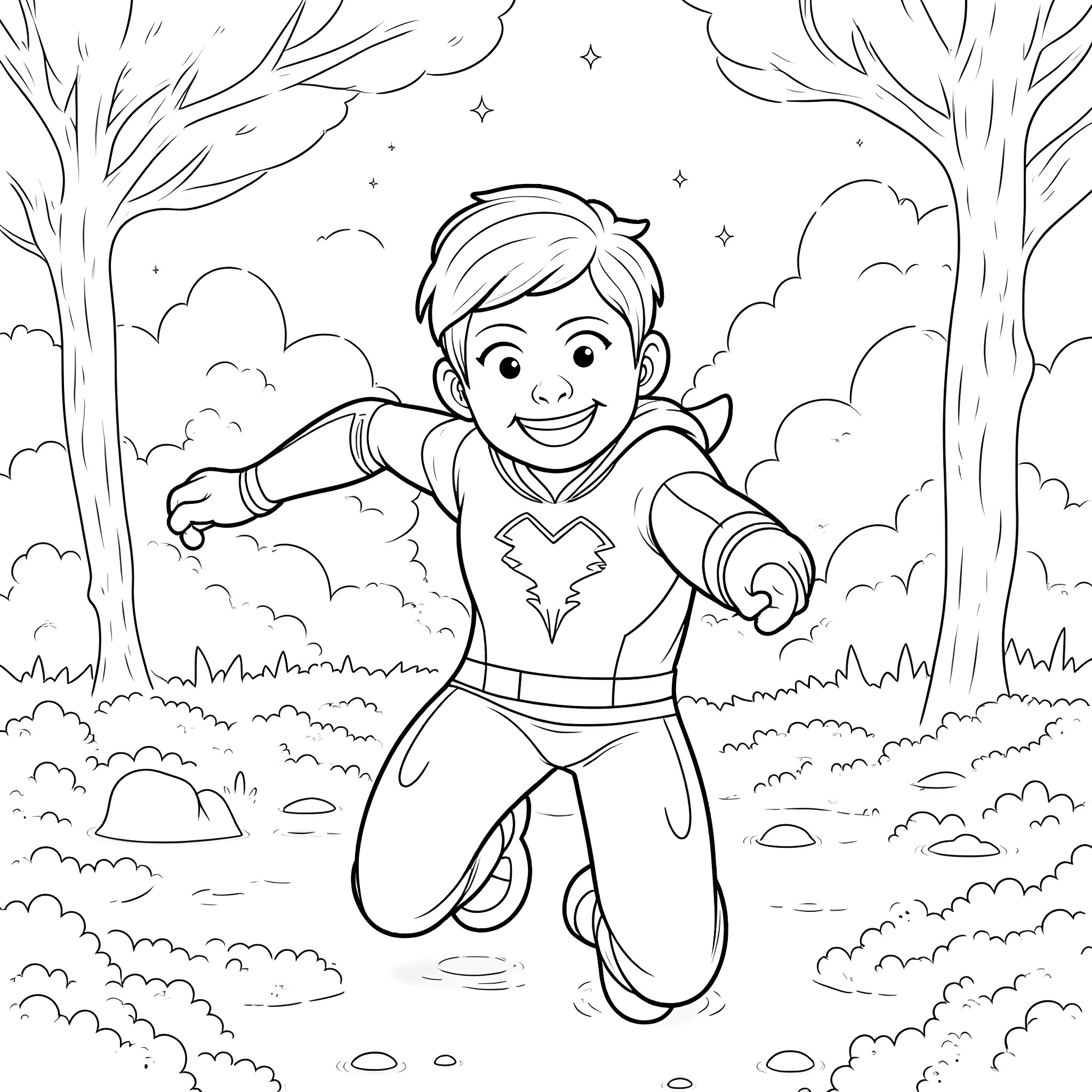 Nightwing jumping in a forested scene Coloring Page (free black-and-white line drawing printable PDF for all, from beginners to advanced learners, including children, teens, adults, and seniors)
