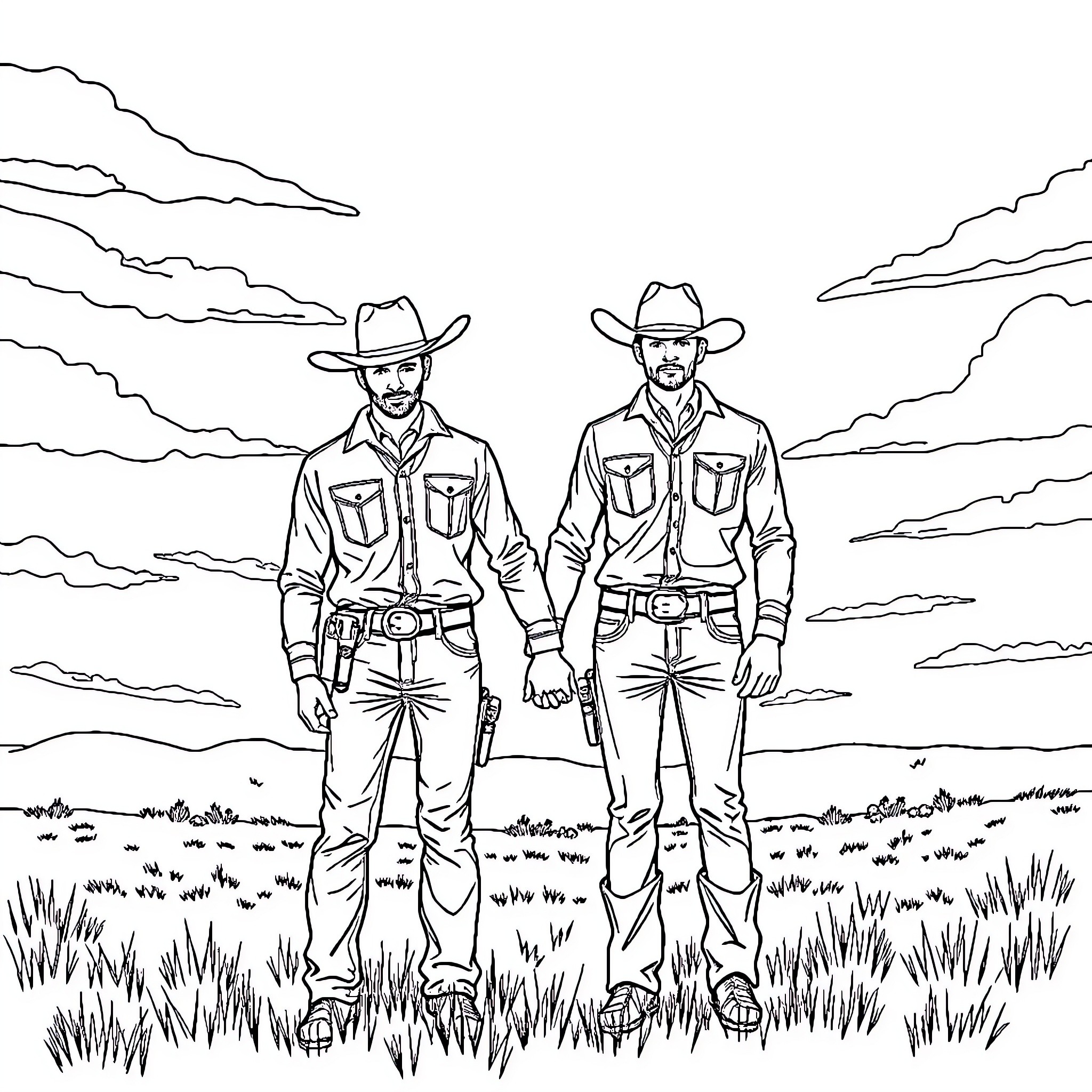 Cowboy partners in the wild landscape Coloring Page (free black-and-white line drawing printable PDF for all, from beginners to advanced learners, including children, teens, adults, and seniors)