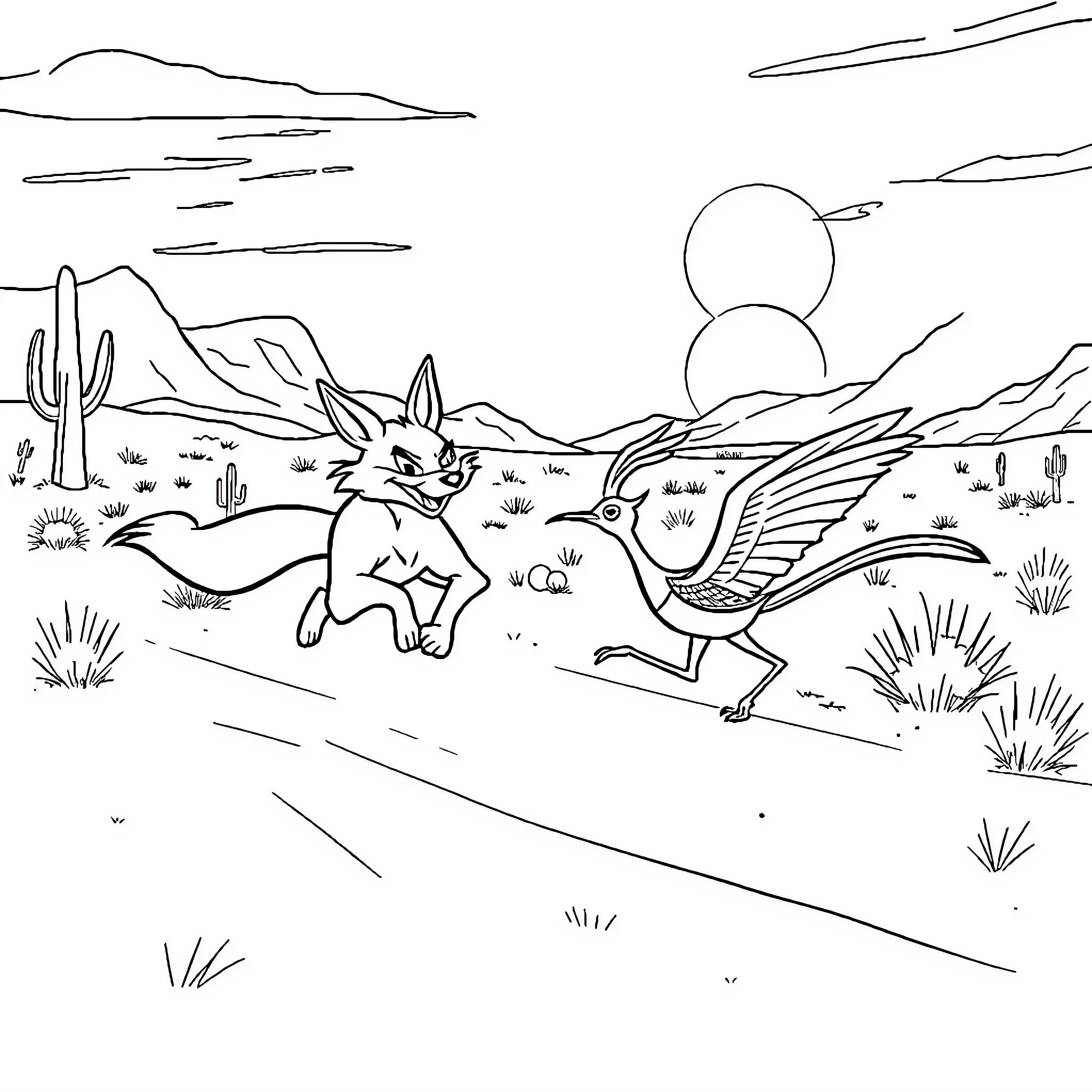 Coyote chasing a roadrunner in the desert Coloring Page (free black-and-white line drawing printable PDF for all, from beginners to advanced learners, including children, teens, adults, and seniors)