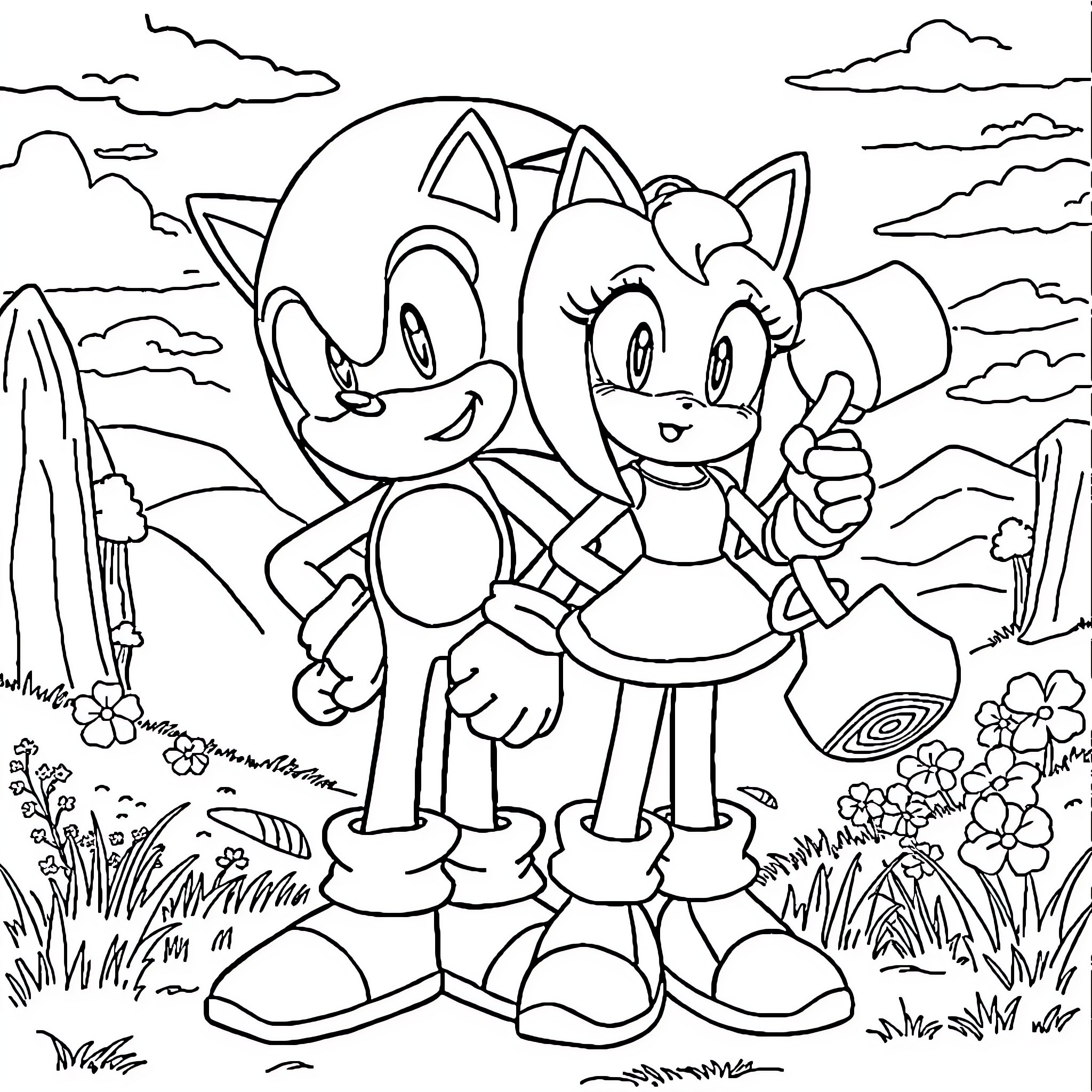 Sonic and Amy's Outdoor Adventure Coloring Page (free black-and-white line drawing printable PDF for all, from beginners to advanced learners, including children, teens, adults, and seniors)