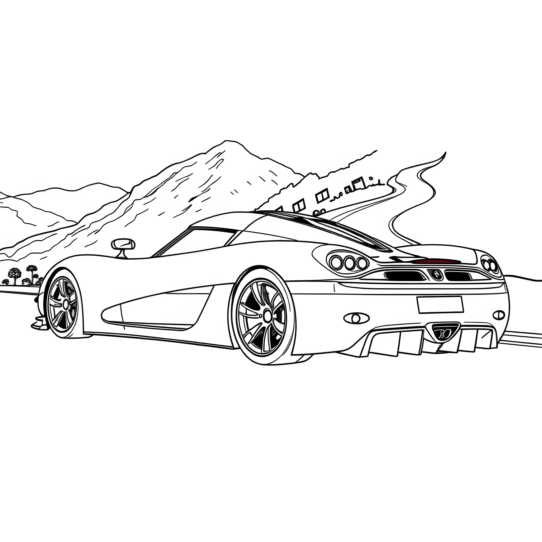 Koenigsegg supercar racing on mountain road Coloring Page (free black-and-white line drawing printable PDF for all, from beginners to advanced learners, including children, teens, adults, and seniors)