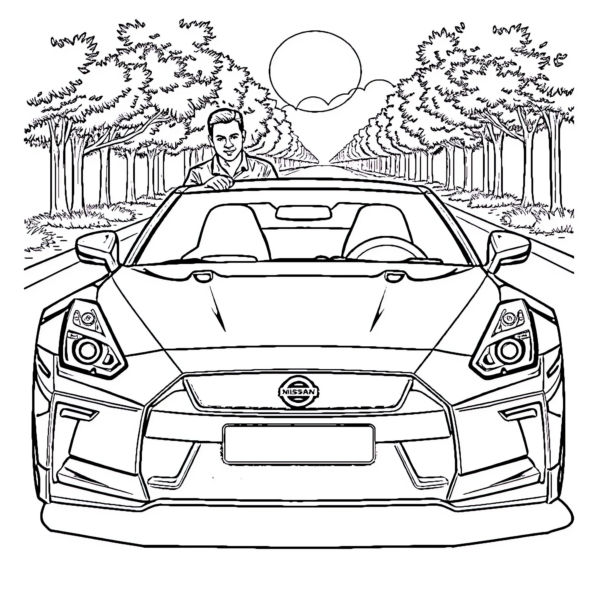 Guy driving sleek sports car on winding forest road Coloring Page (free black-and-white line drawing printable PDF for all, from beginners to advanced learners, including children, teens, adults, and seniors)