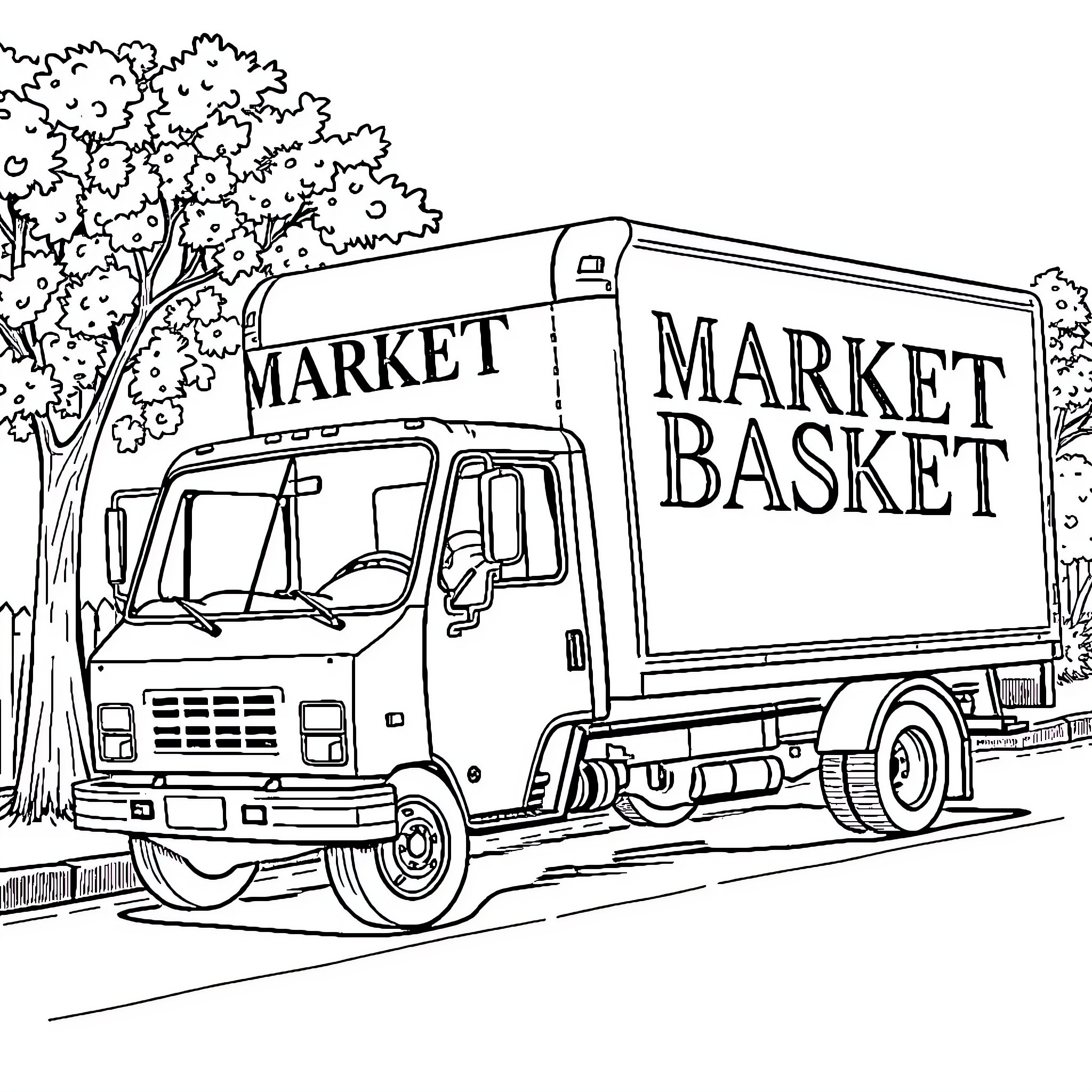 Truck delivering goods to market Coloring Page (free black-and-white line drawing printable PDF for all, from beginners to advanced learners, including children, teens, adults, and seniors)