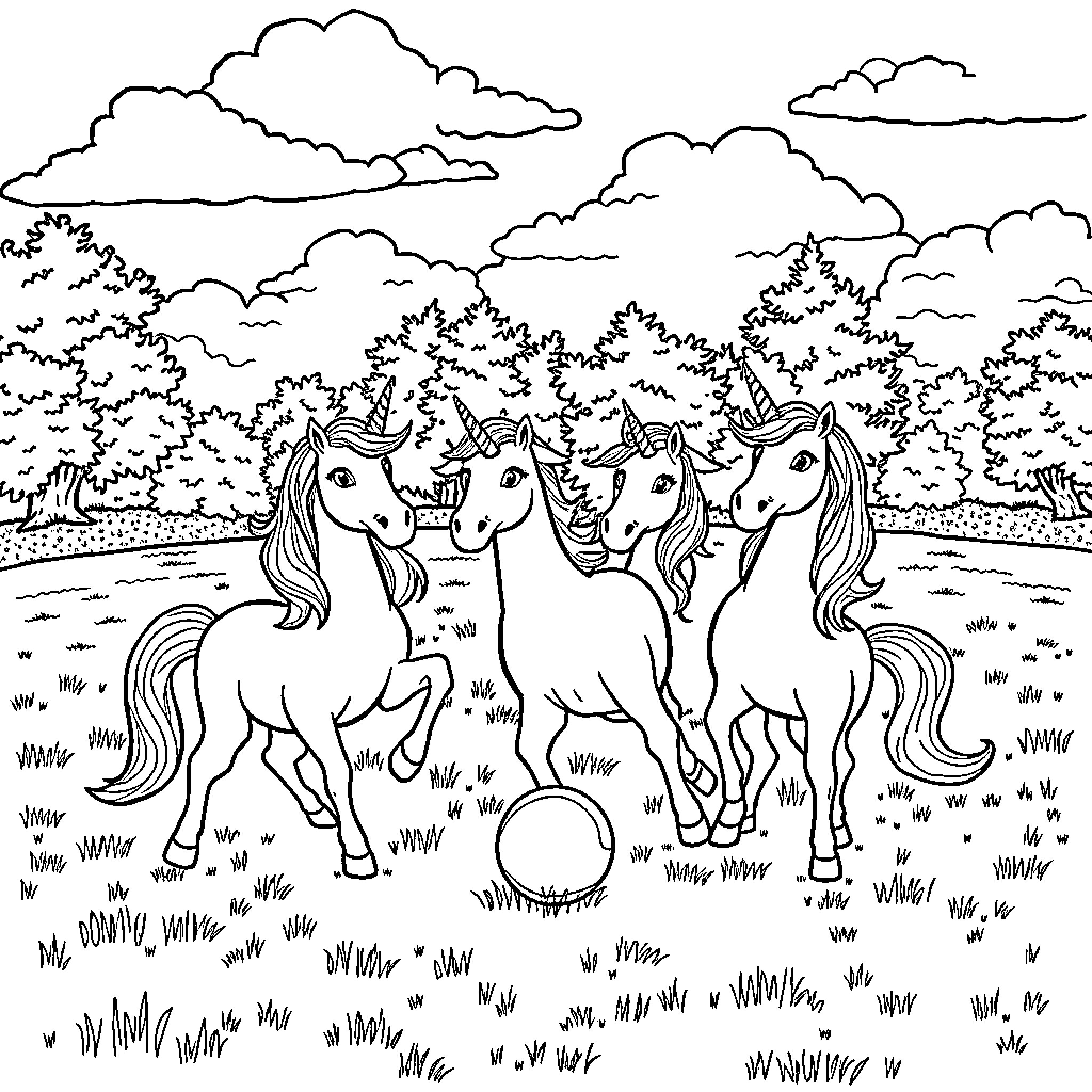 Unicorn Herd Frolicking in Enchanted Forest Coloring Page (free black-and-white line drawing printable PDF for all, from beginners to advanced learners, including children, teens, adults, and seniors)