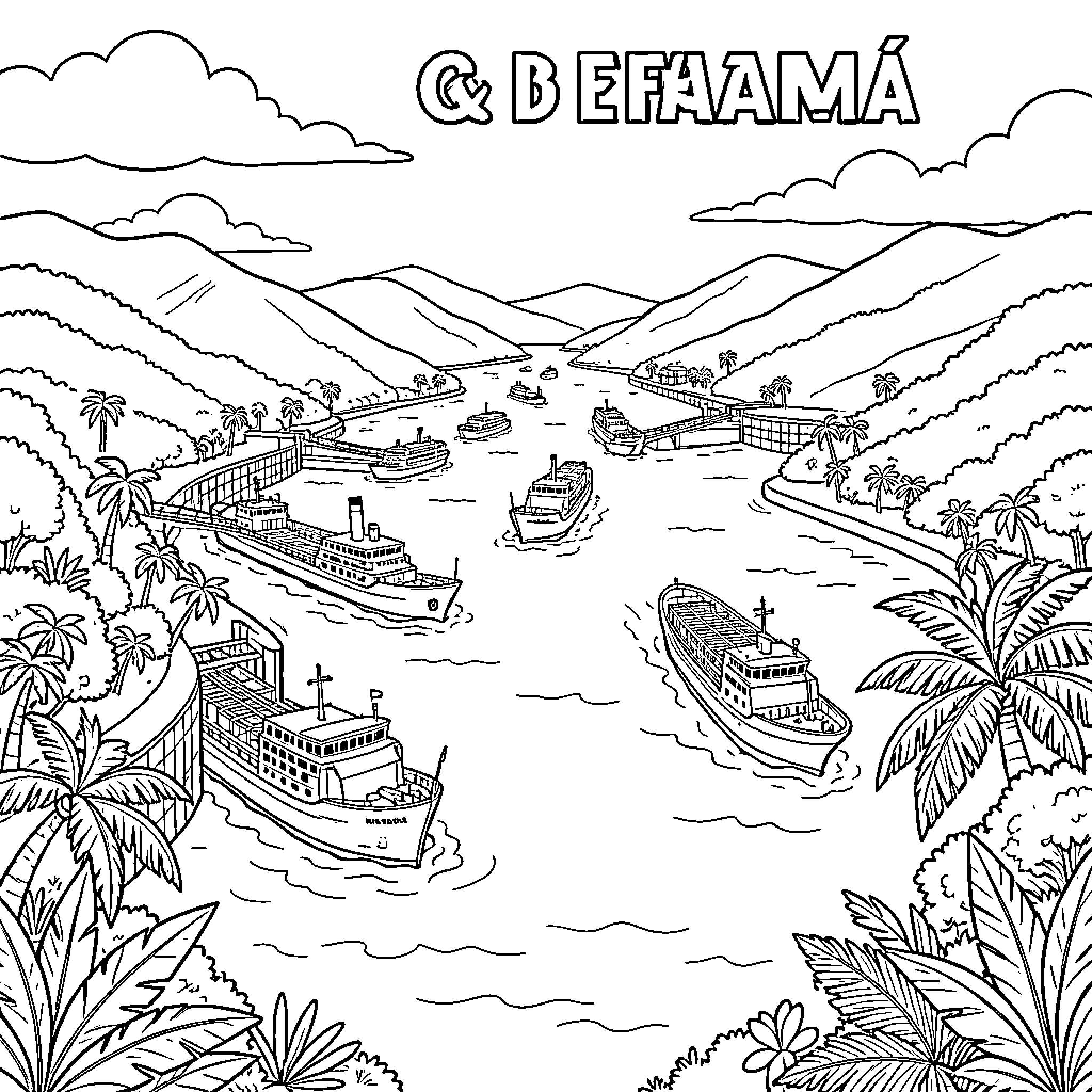 Panama Canal scene with ships and tropical landscape Coloring Page (free black-and-white line drawing printable PDF for all, from beginners to advanced learners, including children, teens, adults, and seniors)