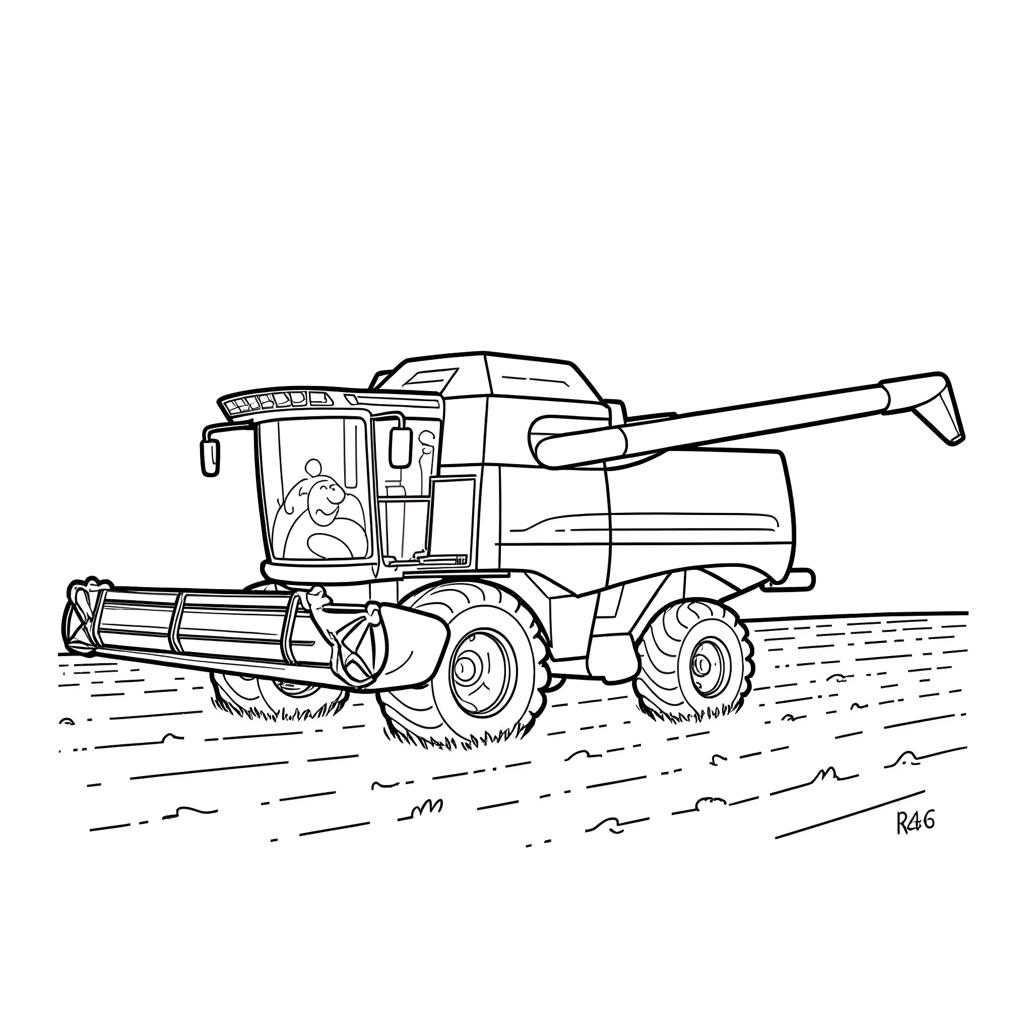 Frank operating a powerful combine harvester in the field Coloring Page (free black-and-white line drawing printable PDF for all, from beginners to advanced learners, including children, teens, adults, and seniors)