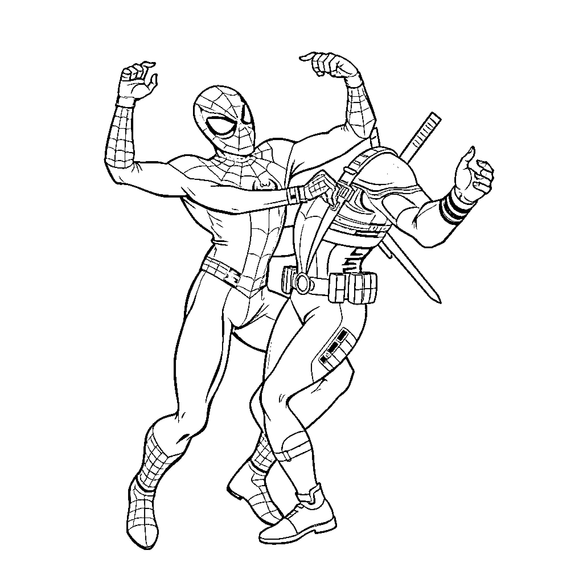 Spiderman in action-packed pose with weapons Coloring Page (free black-and-white line drawing printable PDF for all, from beginners to advanced learners, including children, teens, adults, and seniors)