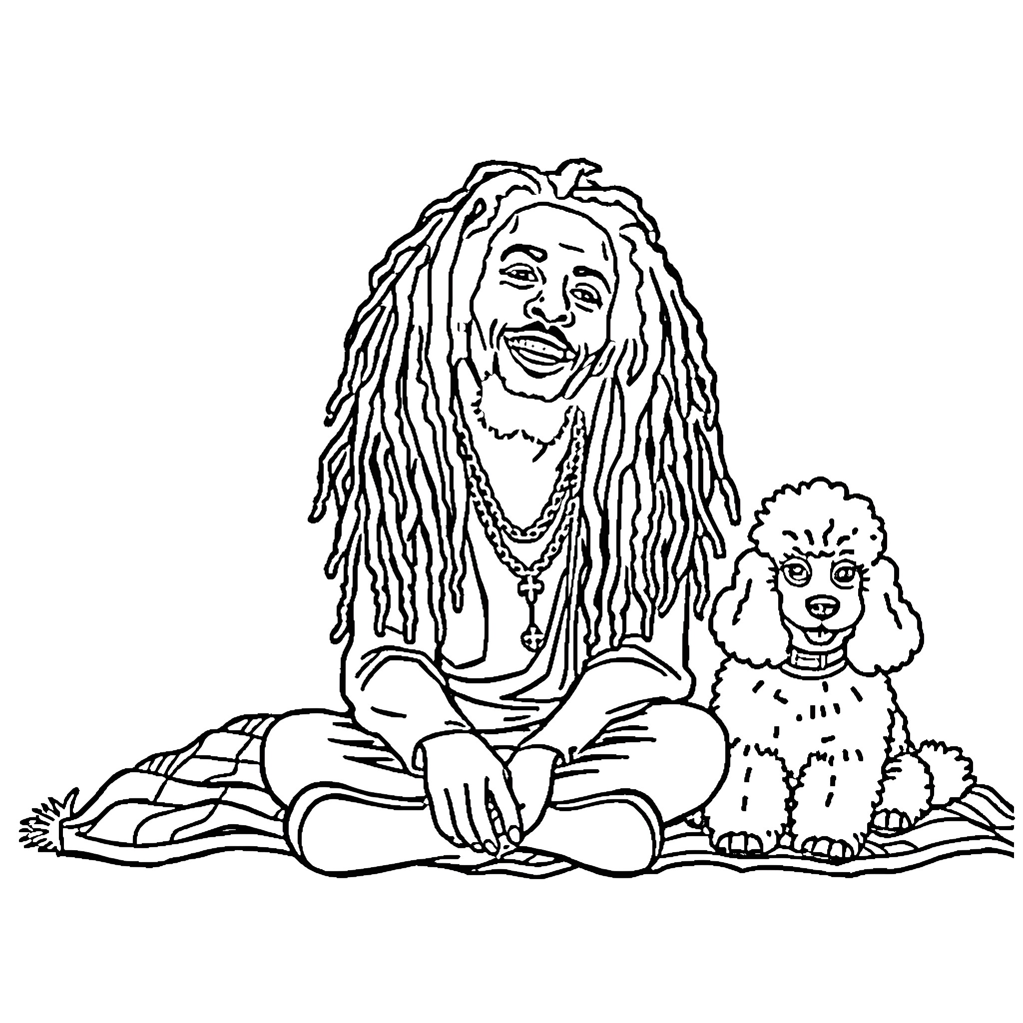 Bob Marley sitting happily with his dog Coloring Page (free black-and-white line drawing printable PDF for all, from beginners to advanced learners, including children, teens, adults, and seniors)