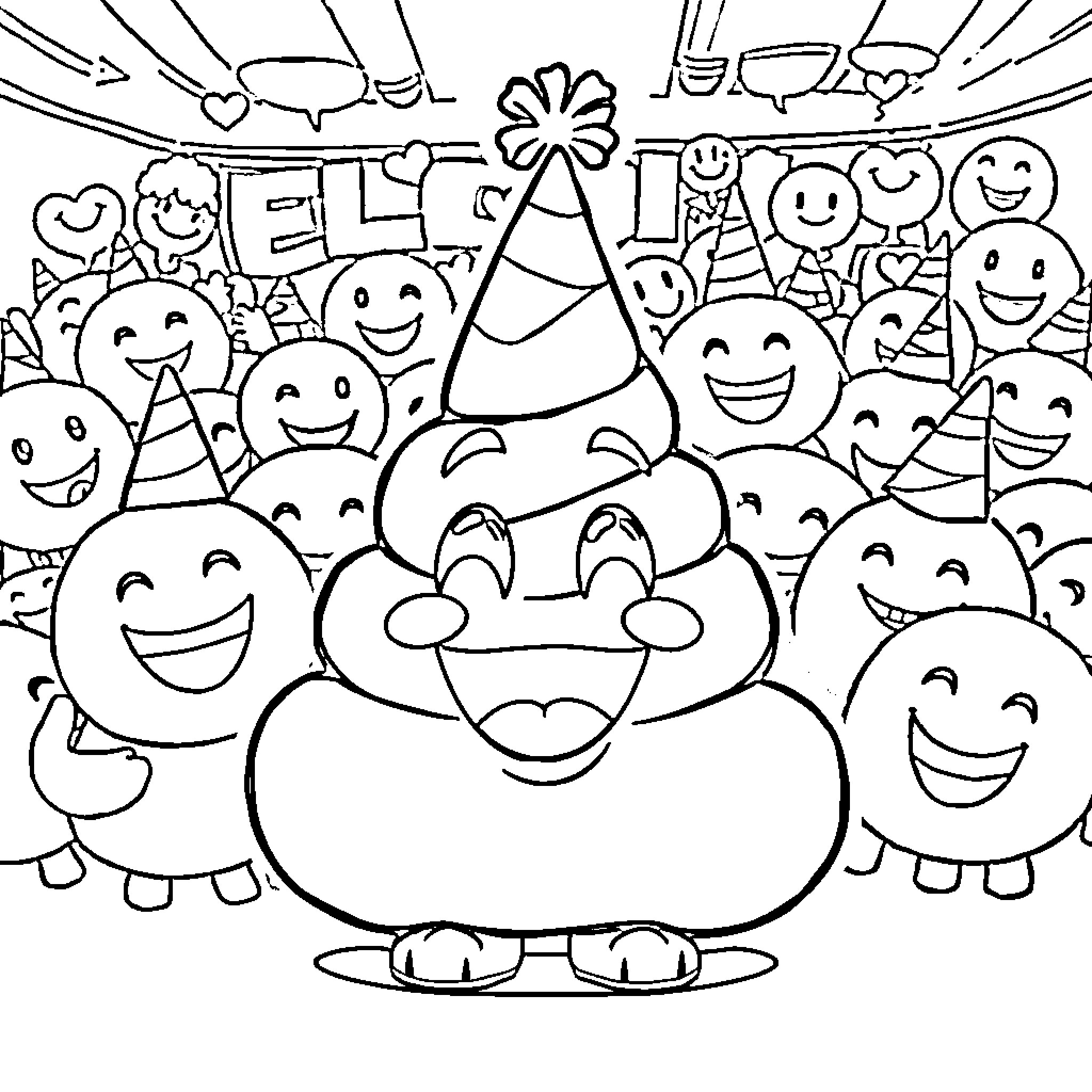 Poop Emoji Party with Happy Guests Coloring Page (free black-and-white line drawing printable PDF for all, from beginners to advanced learners, including children, teens, adults, and seniors)