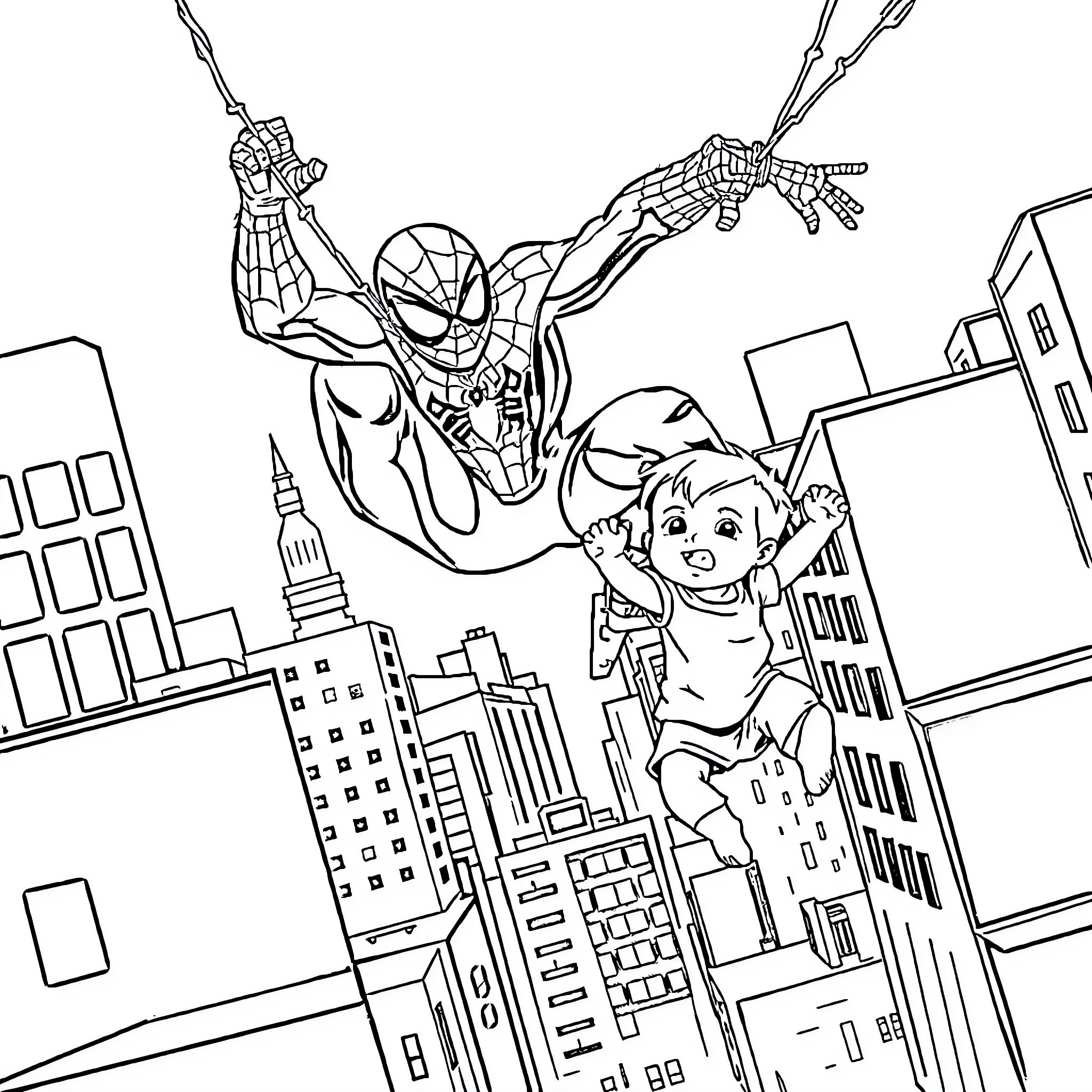 Spider-Man swinging through the city with a young companion Coloring Page (free black-and-white line drawing printable PDF for all, from beginners to advanced learners, including children, teens, adults, and seniors)