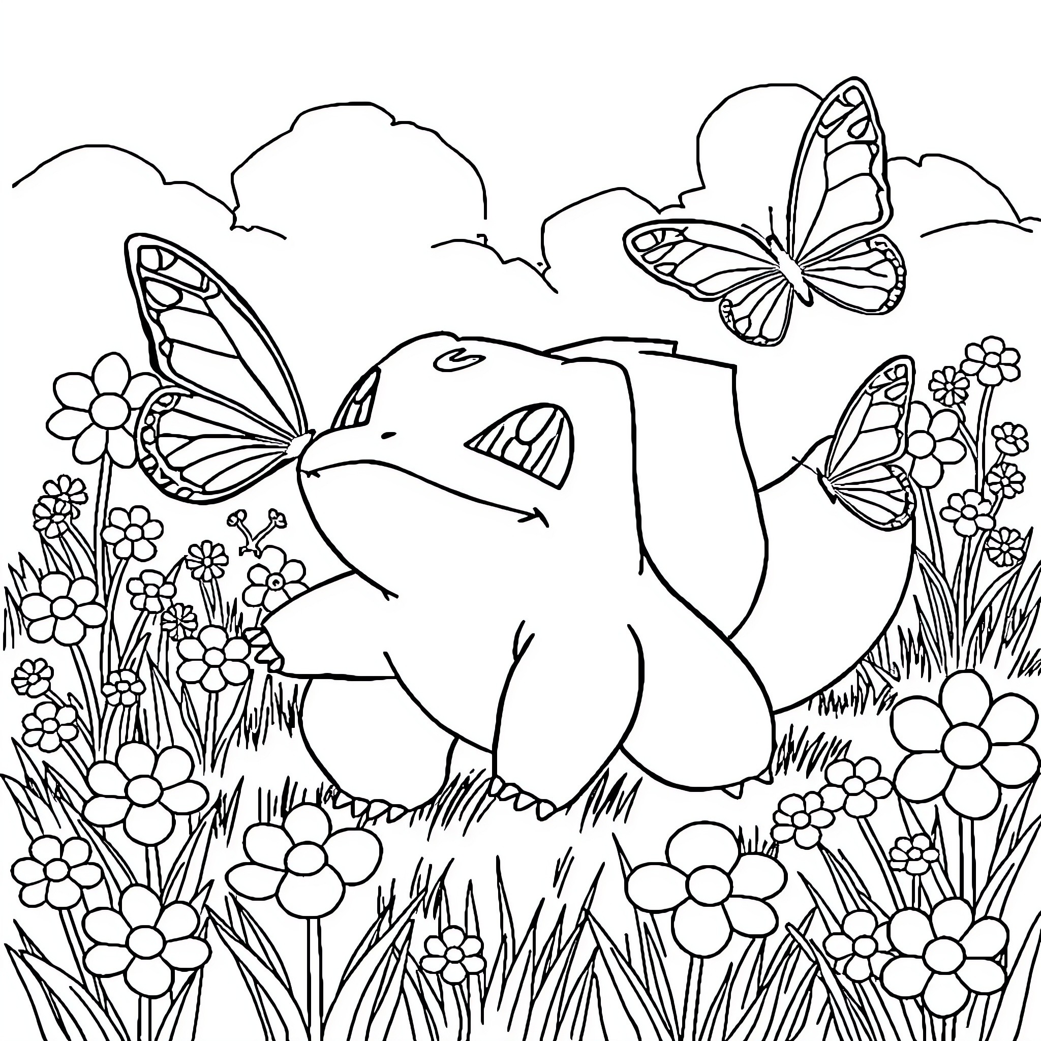 Bulbasaur relaxing amidst flowers and butterflies Coloring Page (free black-and-white line drawing printable PDF for all, from beginners to advanced learners, including children, teens, adults, and seniors)