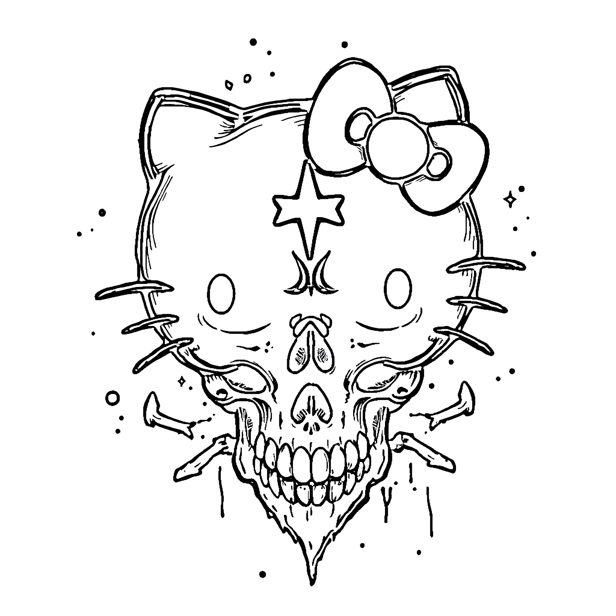 Hello Kitty skull with spooky elements Coloring Page (free black-and-white line drawing printable PDF for all, from beginners to advanced learners, including children, teens, adults, and seniors)