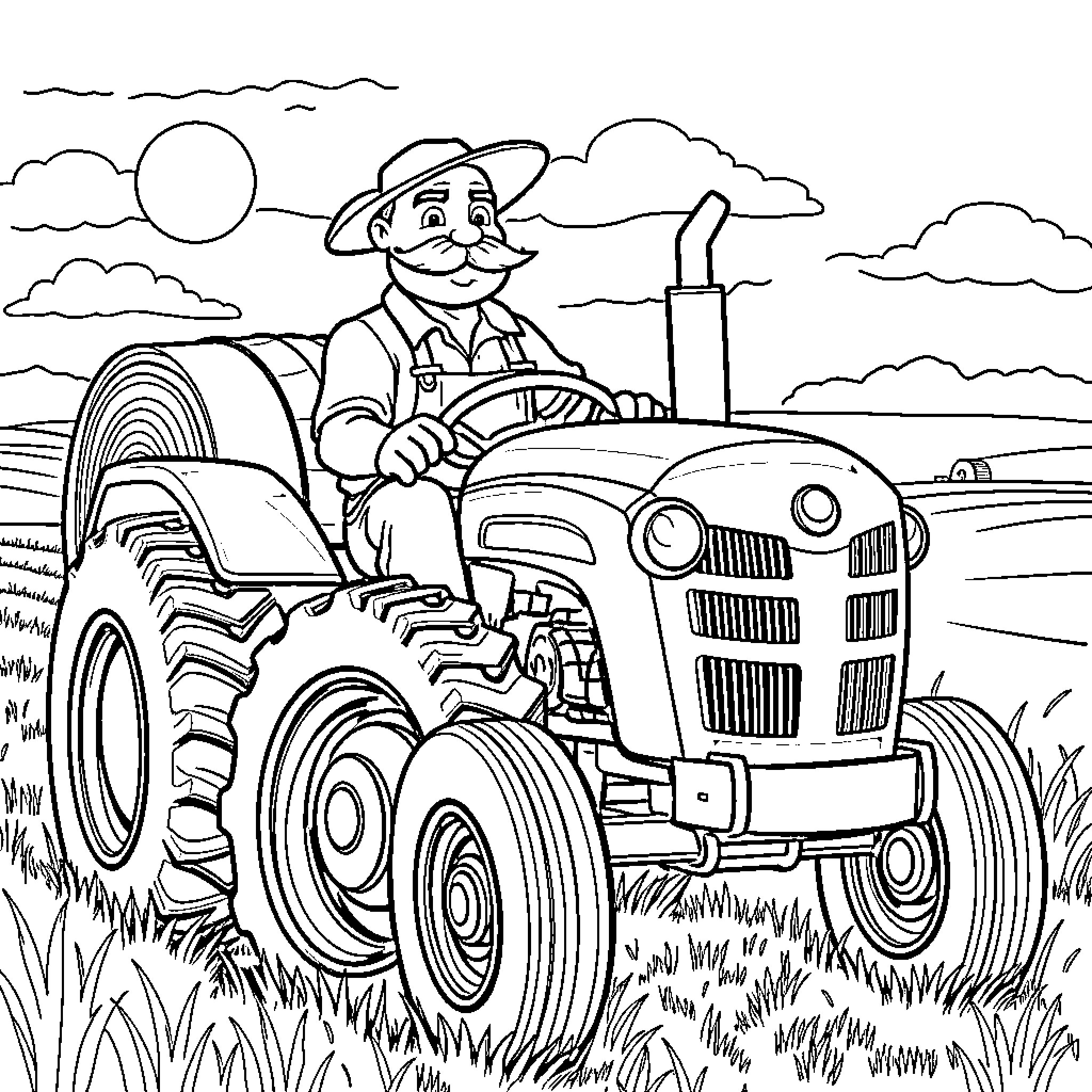 Farmer driving a tractor in the countryside Coloring Page (free black-and-white line drawing printable PDF for all, from beginners to advanced learners, including children, teens, adults, and seniors)