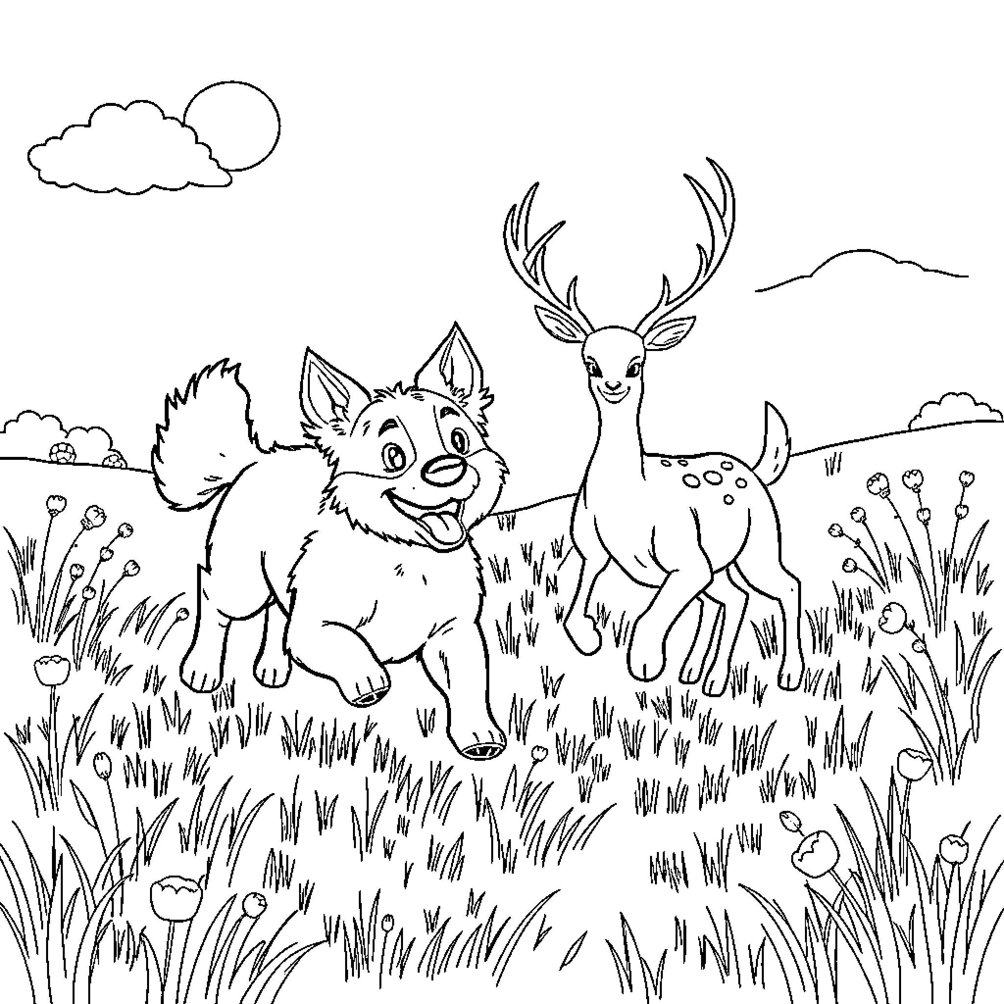 Dog playing happily with deer in the meadow Coloring Page (free black-and-white line drawing printable PDF for all, from beginners to advanced learners, including children, teens, adults, and seniors)
