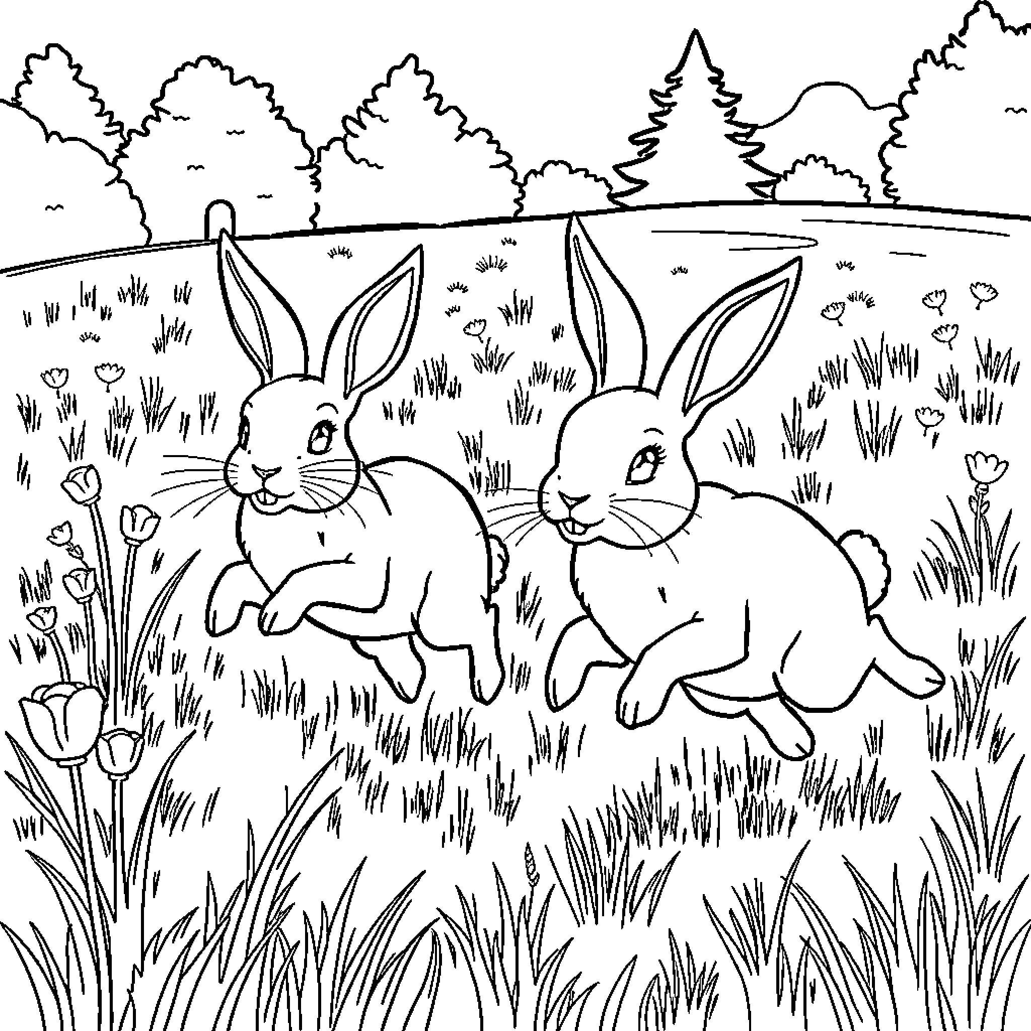 Rabbit Friends Hopping in the Meadow Coloring Page (free black-and-white line drawing printable PDF for all, from beginners to advanced learners, including children, teens, adults, and seniors)