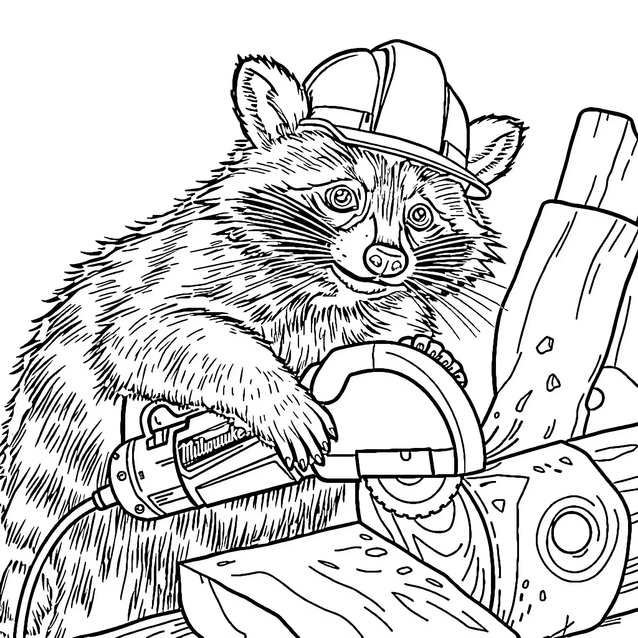 Raccoon wearing a hard hat exploring construction equipment Coloring Page (free black-and-white line drawing printable PDF for all, from beginners to advanced learners, including children, teens, adults, and seniors)
