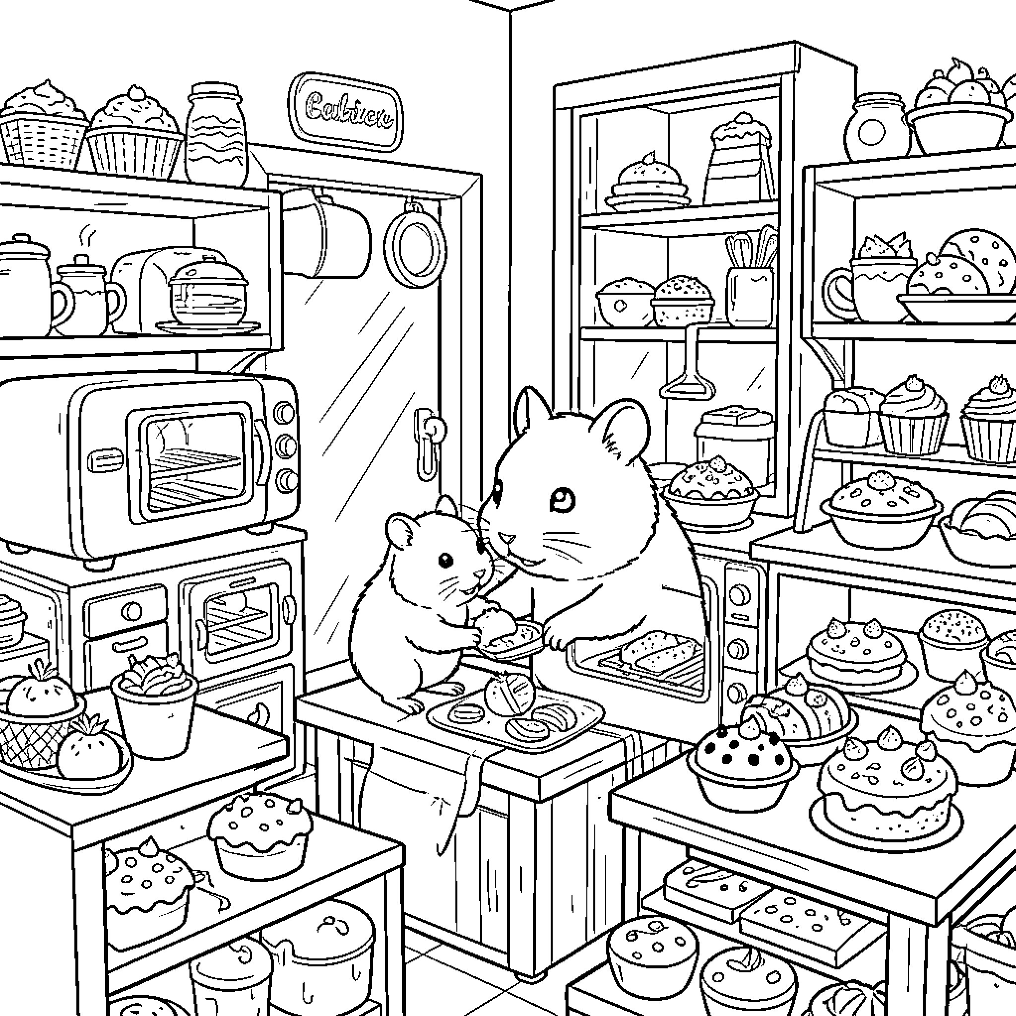 Hamster baker preparing treats in a cozy kitchen Coloring Page (free black-and-white line drawing printable PDF for all, from beginners to advanced learners, including children, teens, adults, and seniors)