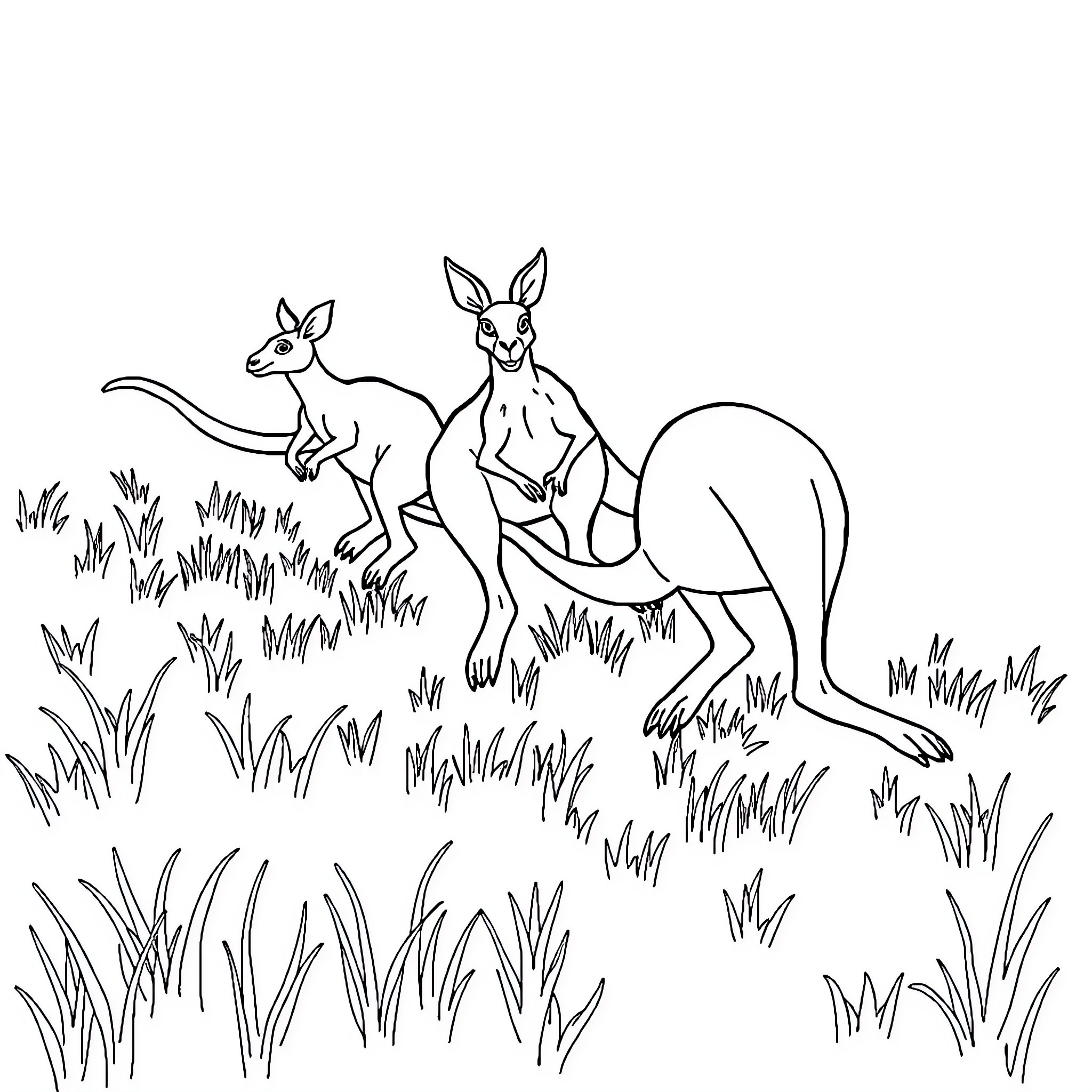 Kangaroos exploring the grassland Coloring Page (free black-and-white line drawing printable PDF for all, from beginners to advanced learners, including children, teens, adults, and seniors)