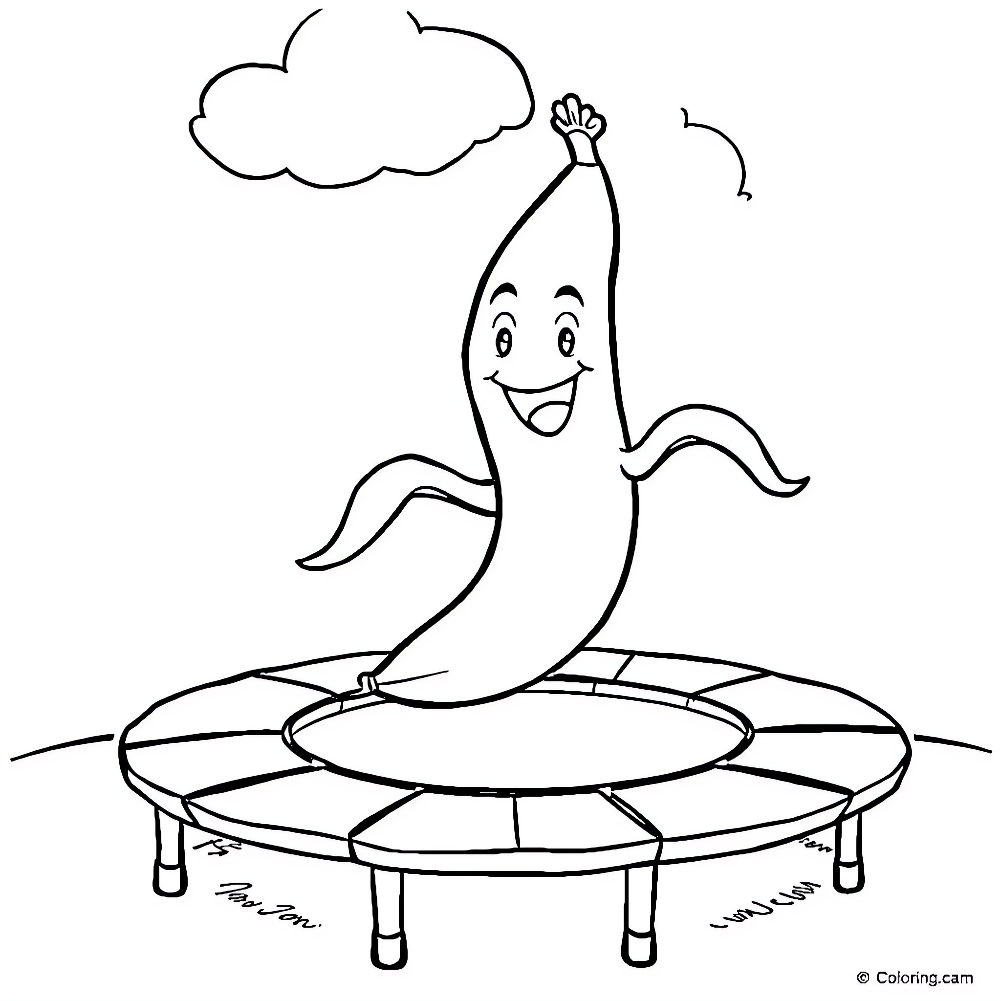 Banana bouncing happily on a trampoline Coloring Page (free black-and-white line drawing printable PDF for all, from beginners to advanced learners, including children, teens, adults, and seniors)