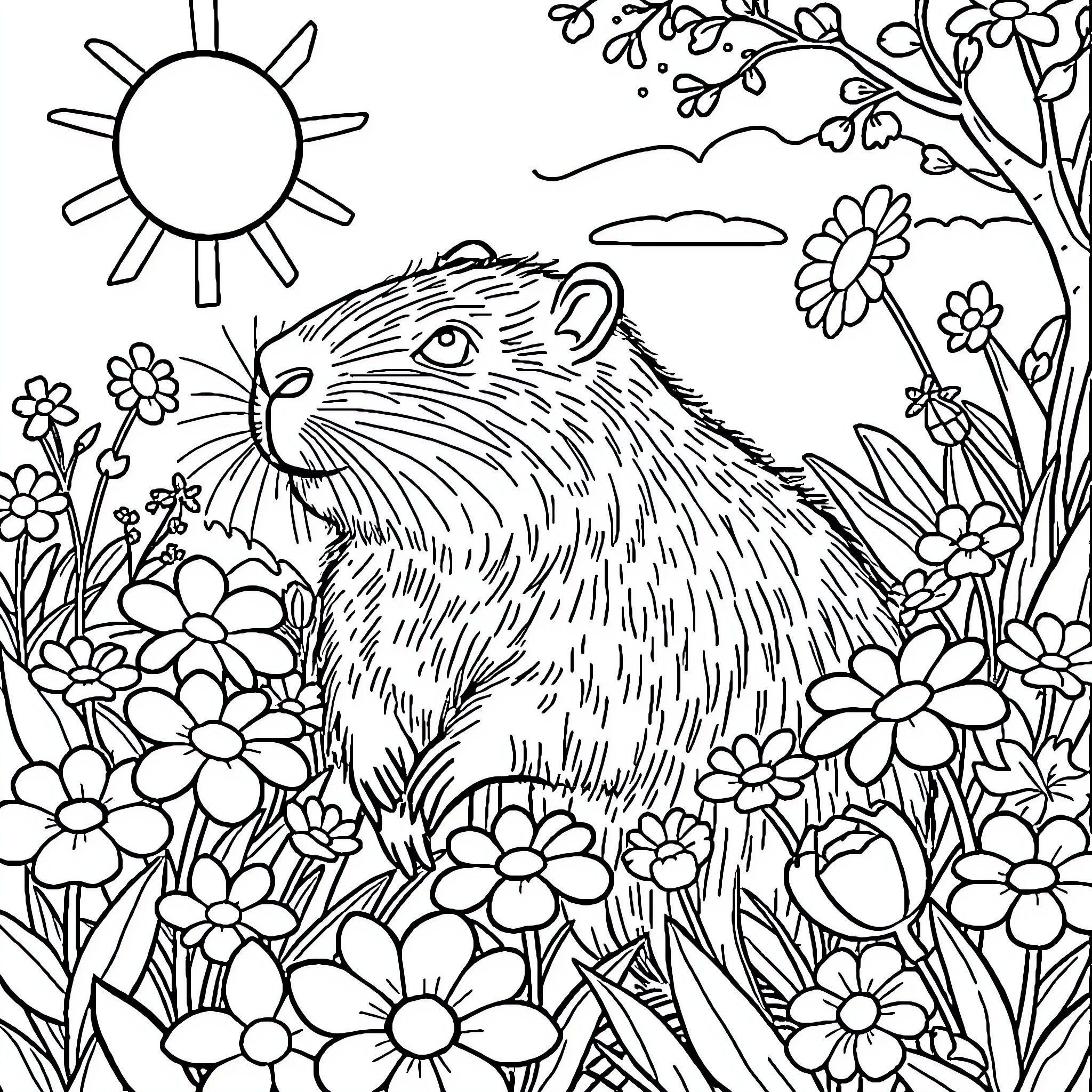 Capybara in a Floral Garden Coloring Page (free black-and-white line drawing printable PDF for all, from beginners to advanced learners, including children, teens, adults, and seniors)