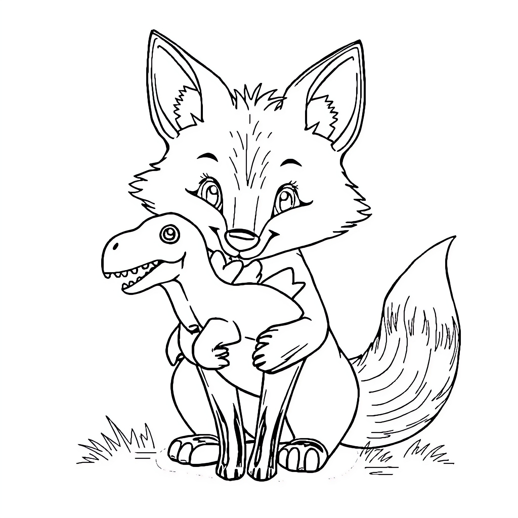 Fox playing with a toy dinosaur Coloring Page (free black-and-white line drawing printable PDF for all, from beginners to advanced learners, including children, teens, adults, and seniors)