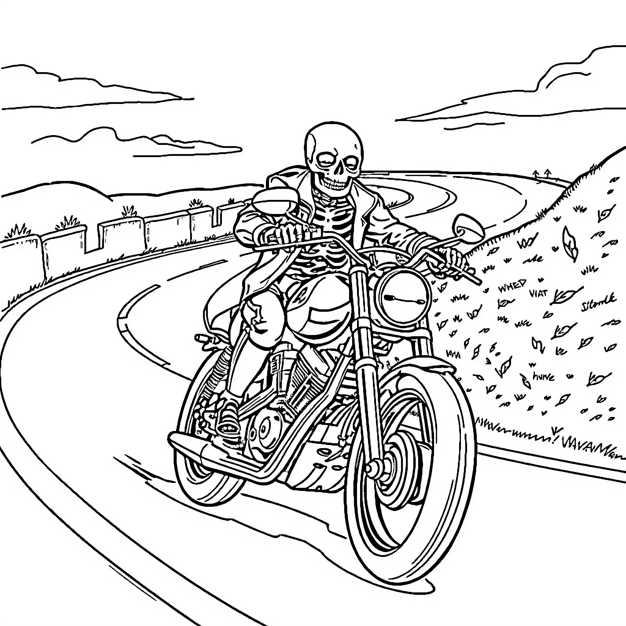 Skeleton riding motorcycle on an open road Coloring Page (free black-and-white line drawing printable PDF for all, from beginners to advanced learners, including children, teens, adults, and seniors)